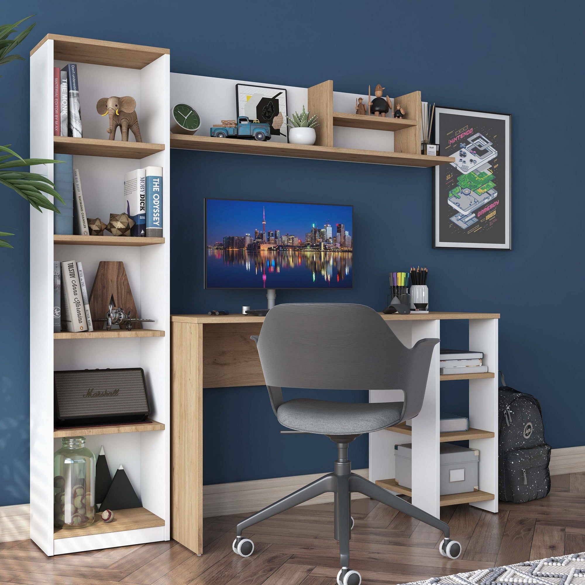Secretária de Estudo – 160 cm x 161,8 cm x 45 cm – Nogueira e Branco – Aglomerado