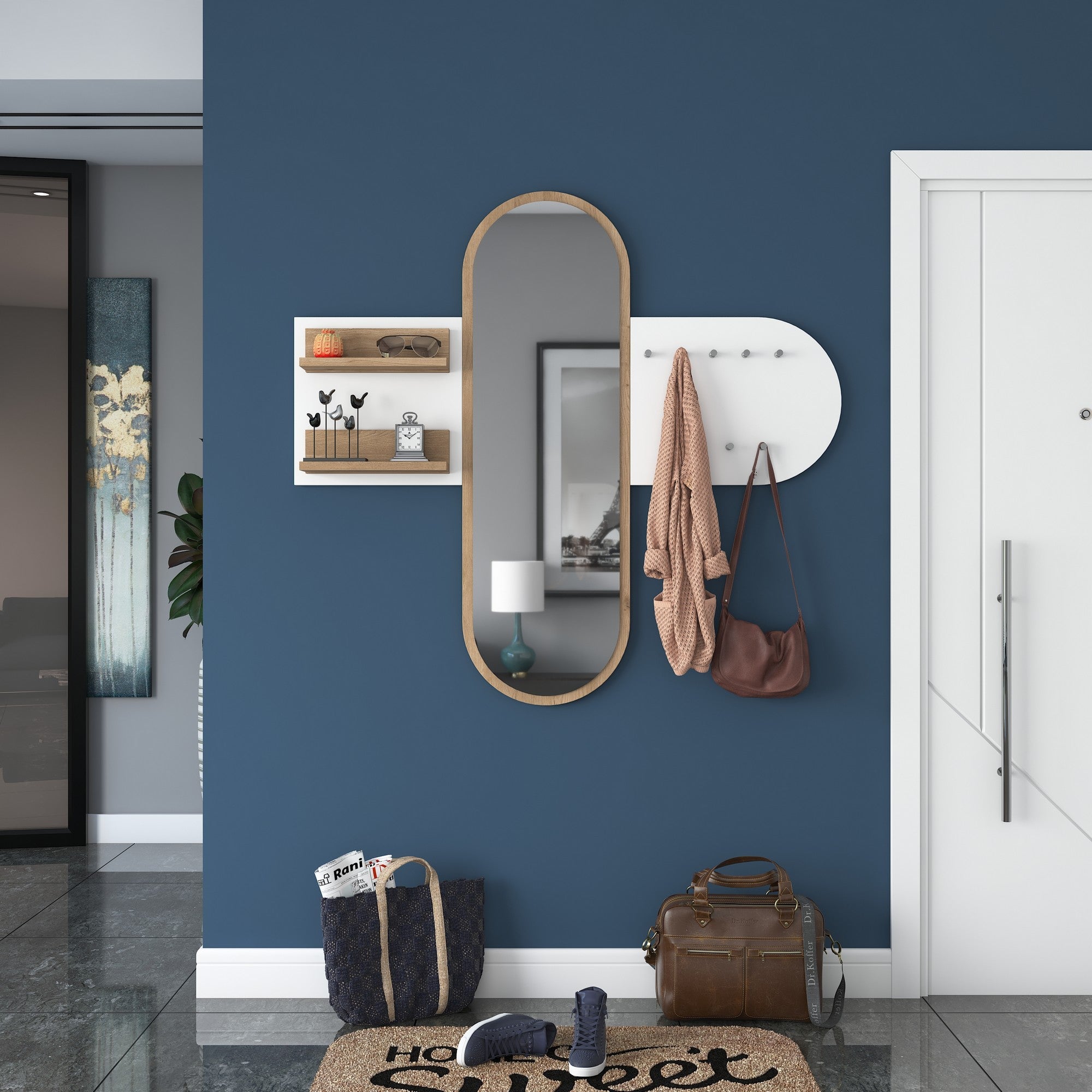 Suporte de Hall Moderno com Suporte de Parede, Branco e Nogueira, 125 x 120 x 12 cm | Aglomerado E1 100% Revestido com Melamina, 18 mm de Espessura | Armazenamento Multiuso e Cabide