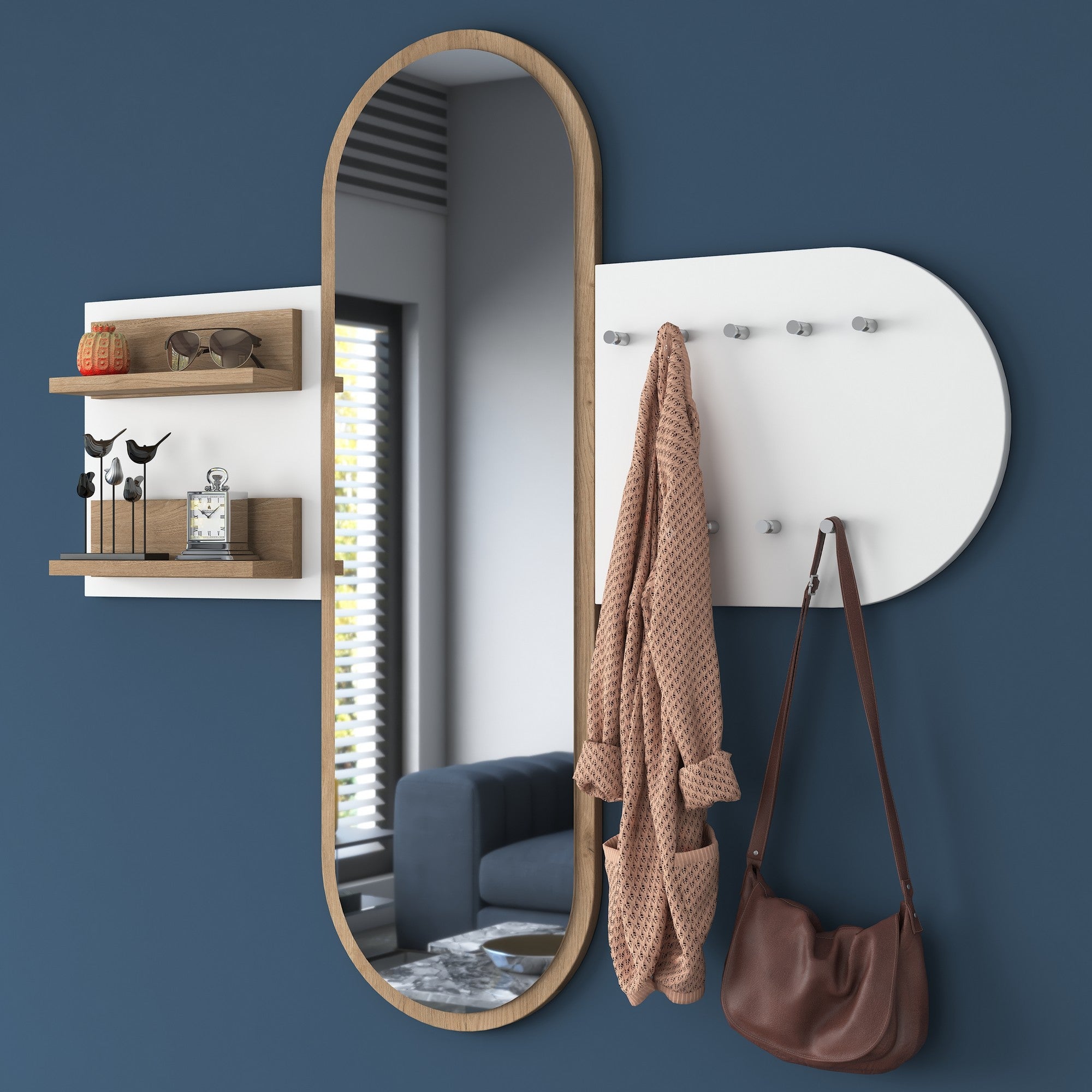 Suporte de Hall Moderno com Suporte de Parede, Branco e Nogueira, 125 x 120 x 12 cm | Aglomerado E1 100% Revestido com Melamina, 18 mm de Espessura | Armazenamento Multiuso e Cabide