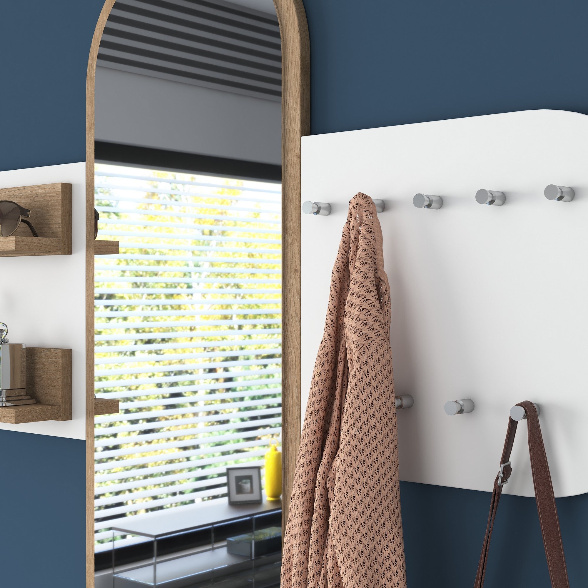 Suporte de Hall Moderno com Suporte de Parede, Branco e Nogueira, 125 x 120 x 12 cm | Aglomerado E1 100% Revestido com Melamina, 18 mm de Espessura | Armazenamento Multiuso e Cabide