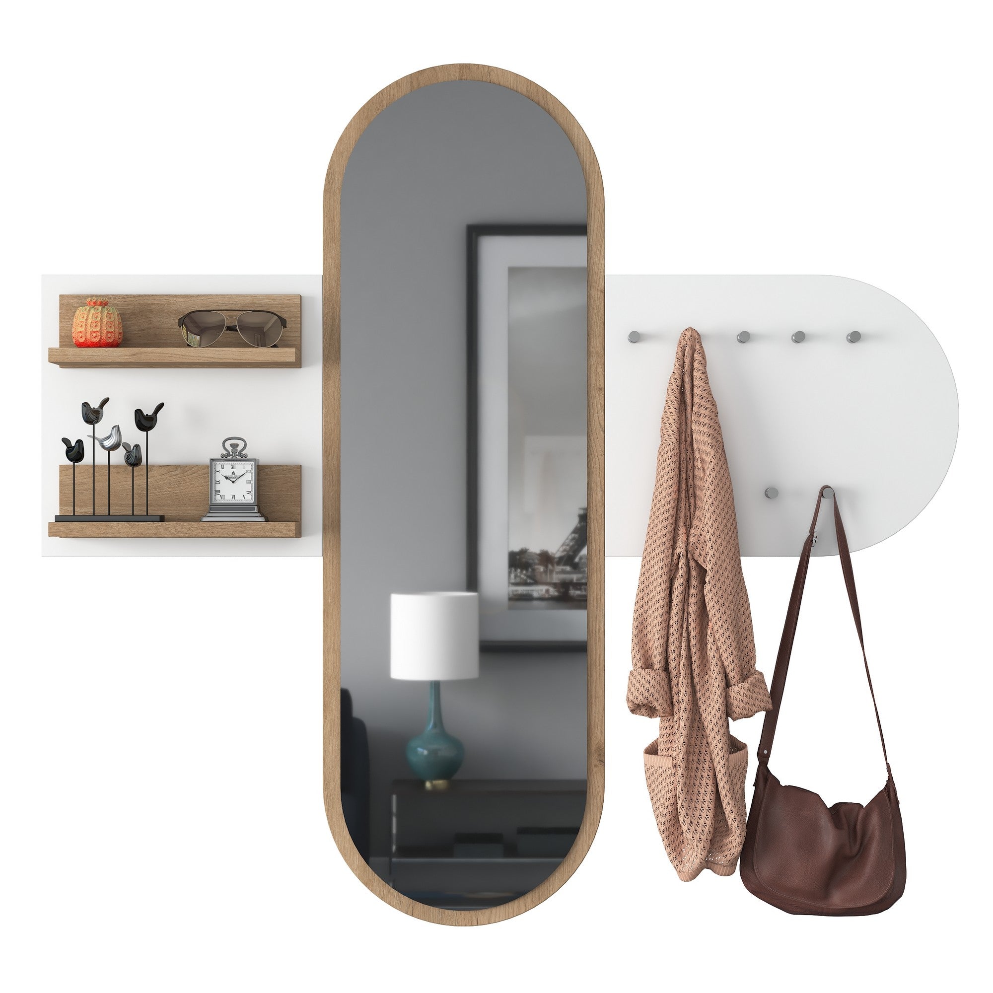 Suporte de Hall Moderno com Suporte de Parede, Branco e Nogueira, 125 x 120 x 12 cm | Aglomerado E1 100% Revestido com Melamina, 18 mm de Espessura | Armazenamento Multiuso e Cabide