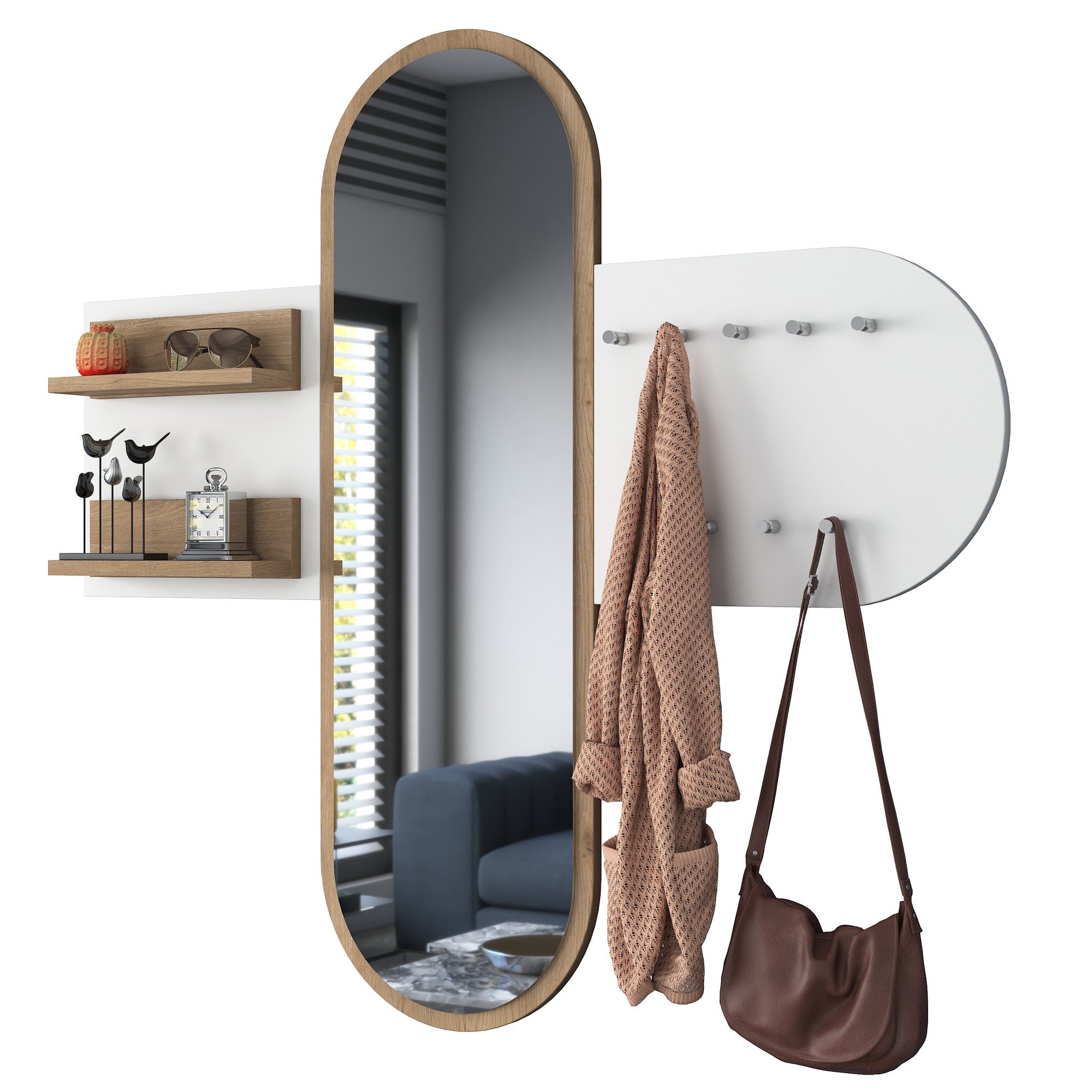 Suporte de Hall Moderno com Suporte de Parede, Branco e Nogueira, 125 x 120 x 12 cm | Aglomerado E1 100% Revestido com Melamina, 18 mm de Espessura | Armazenamento Multiuso e Cabide