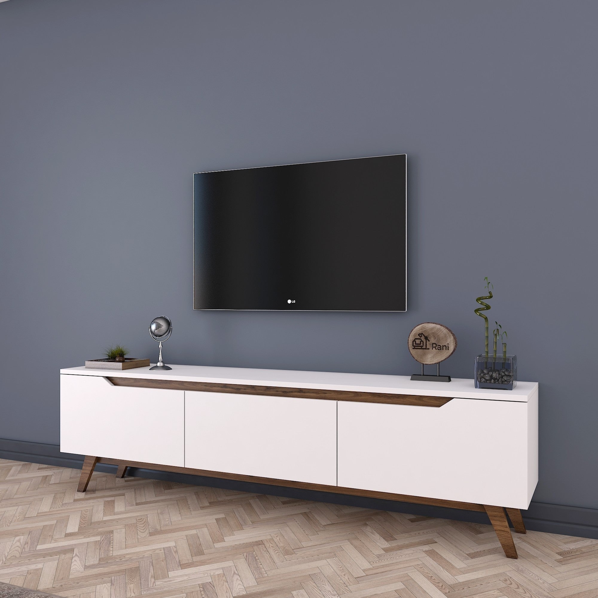 Suporte de TV moderno com prateleiras, branco e nogueira, 180 cm x 48,6 cm x 35 cm | Painel de partículas 100% revestido de melamina, 18 mm de espessura | Solução de armazenamento elegante e funcional