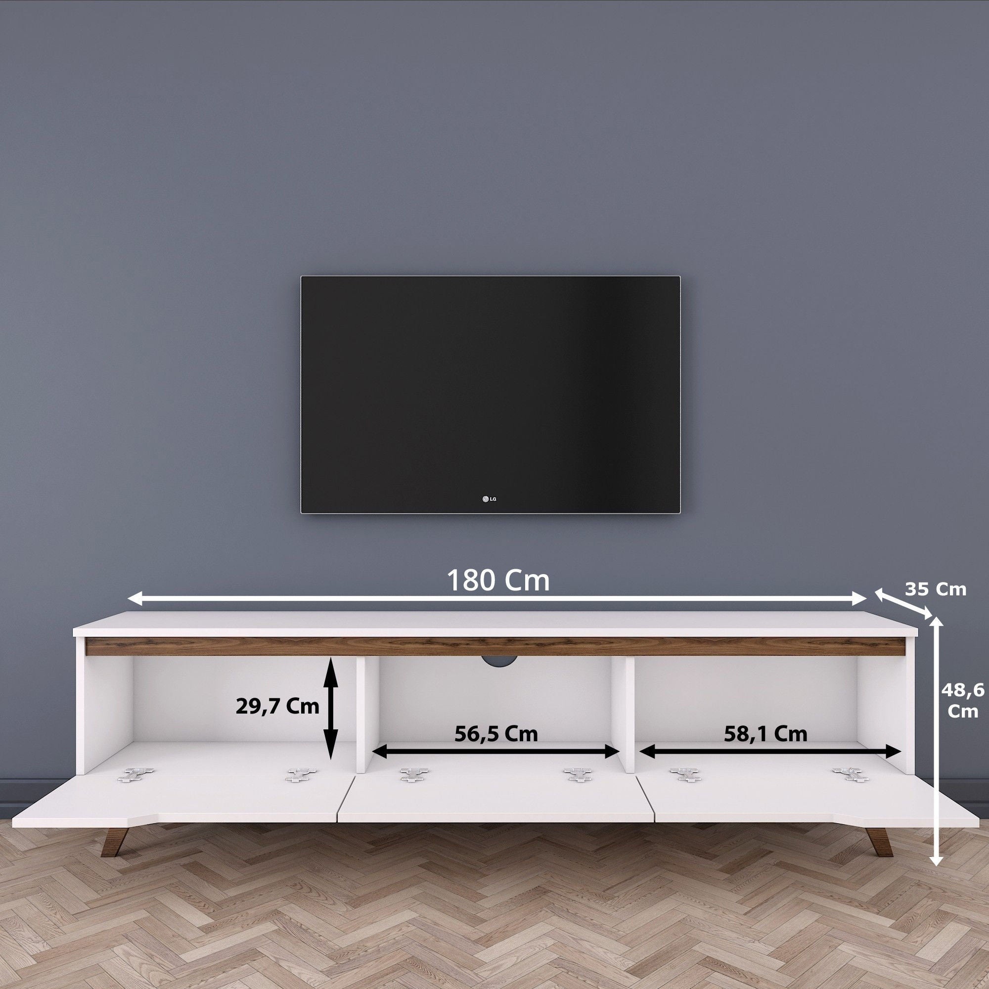 Suporte de TV moderno com prateleiras, branco e nogueira, 180 cm x 48,6 cm x 35 cm | Painel de partículas 100% revestido de melamina, 18 mm de espessura | Solução de armazenamento elegante e funcional