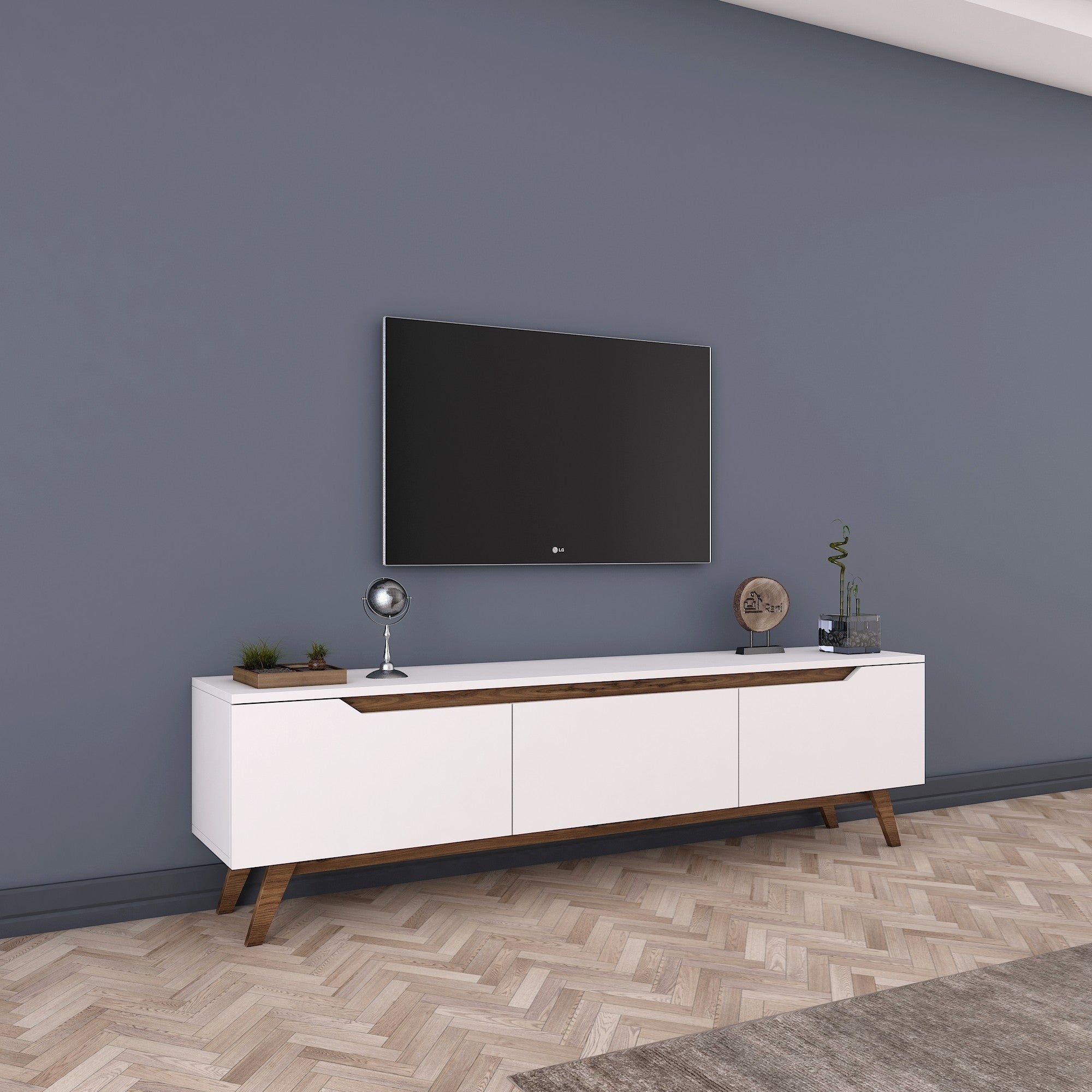 Suporte de TV moderno com prateleiras, branco e nogueira, 180 cm x 48,6 cm x 35 cm | Painel de partículas 100% revestido de melamina, 18 mm de espessura | Solução de armazenamento elegante e funcional