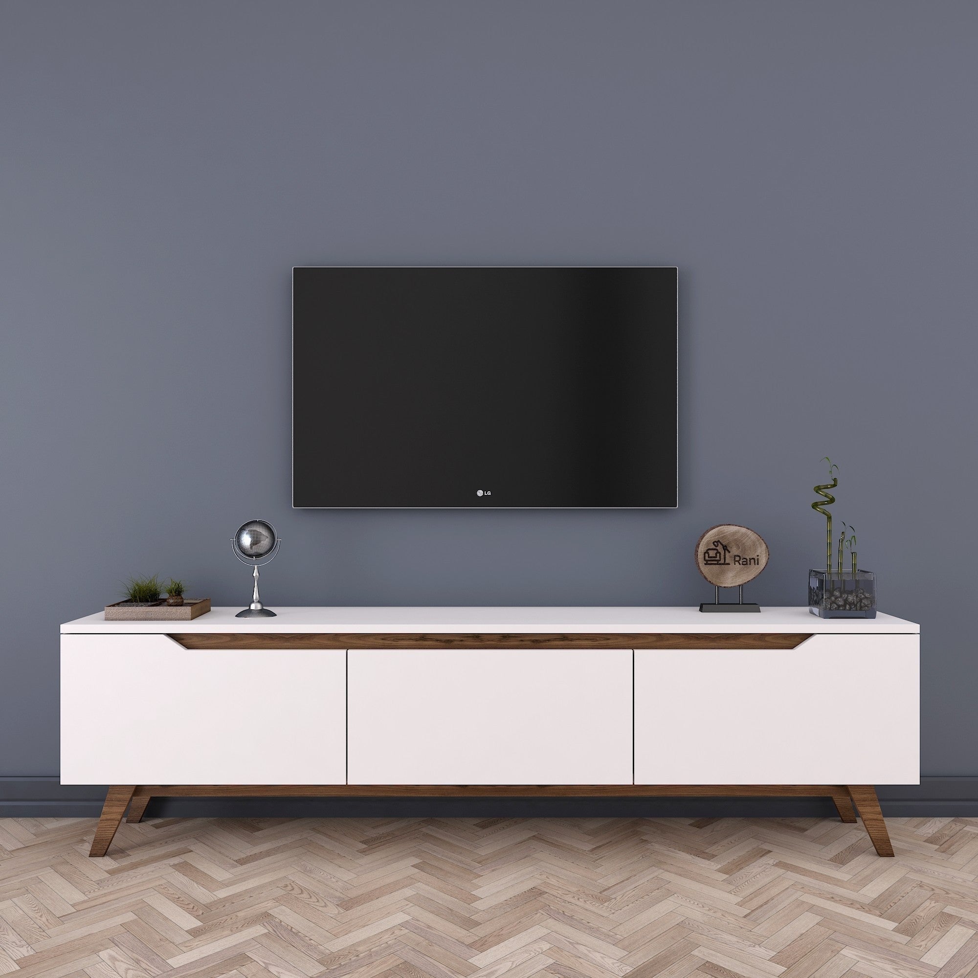 Suporte de TV moderno com prateleiras, branco e nogueira, 180 cm x 48,6 cm x 35 cm | Painel de partículas 100% revestido de melamina, 18 mm de espessura | Solução de armazenamento elegante e funcional