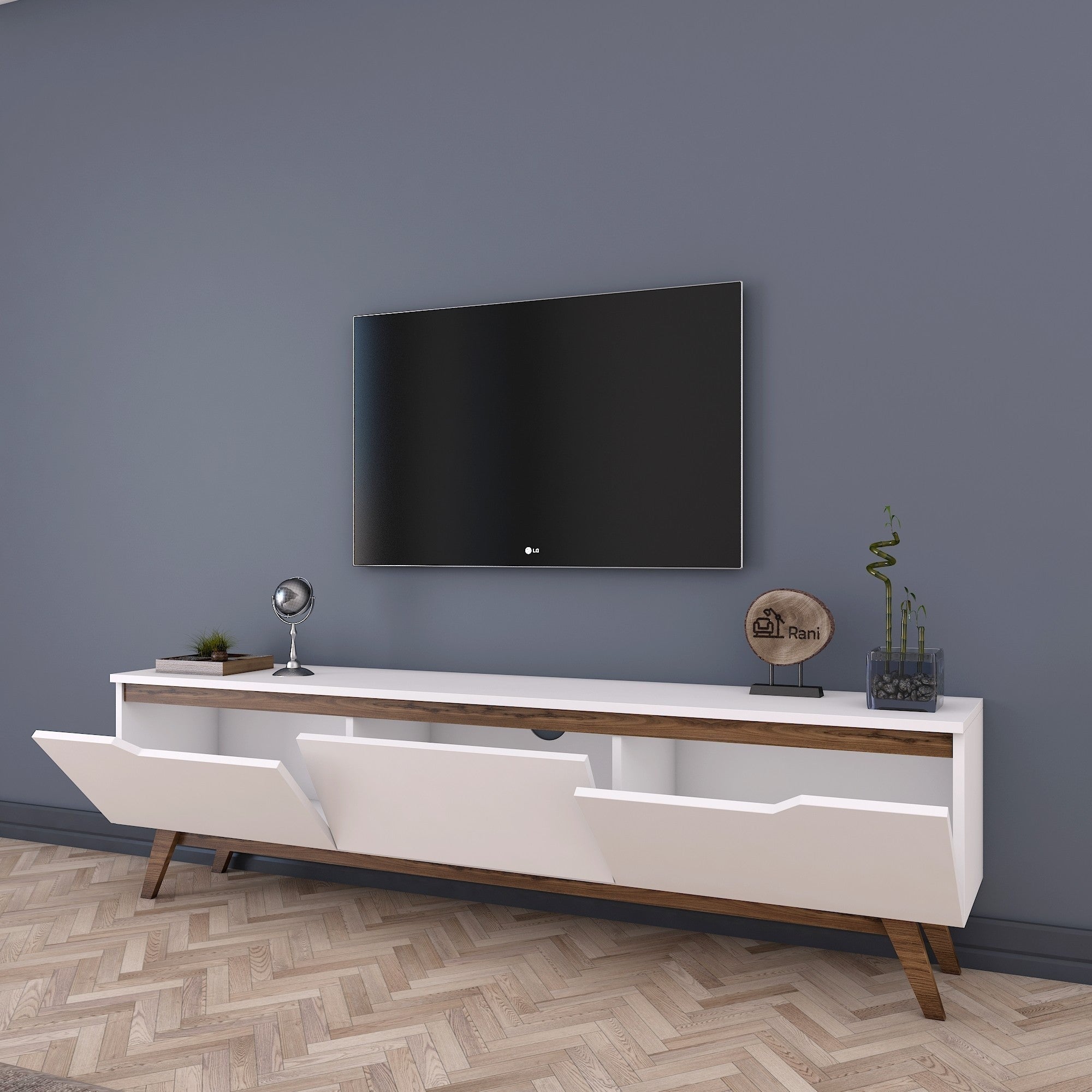 Suporte de TV moderno com prateleiras, branco e nogueira, 180 cm x 48,6 cm x 35 cm | Painel de partículas 100% revestido de melamina, 18 mm de espessura | Solução de armazenamento elegante e funcional