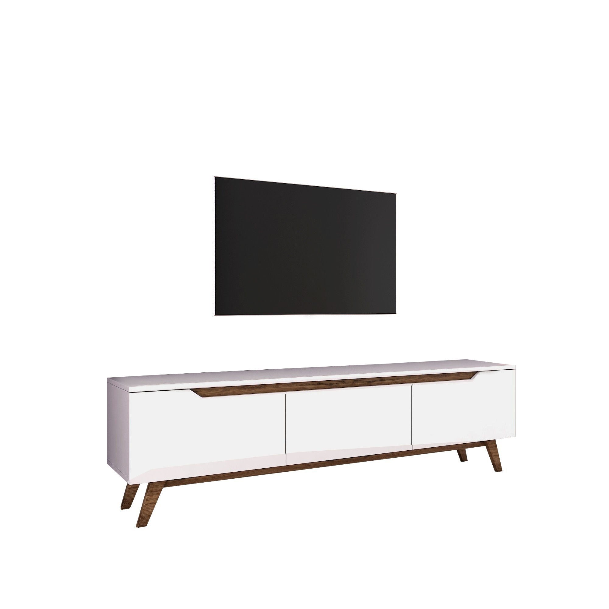 Suporte de TV moderno com prateleiras, branco e nogueira, 180 cm x 48,6 cm x 35 cm | Painel de partículas 100% revestido de melamina, 18 mm de espessura | Solução de armazenamento elegante e funcional