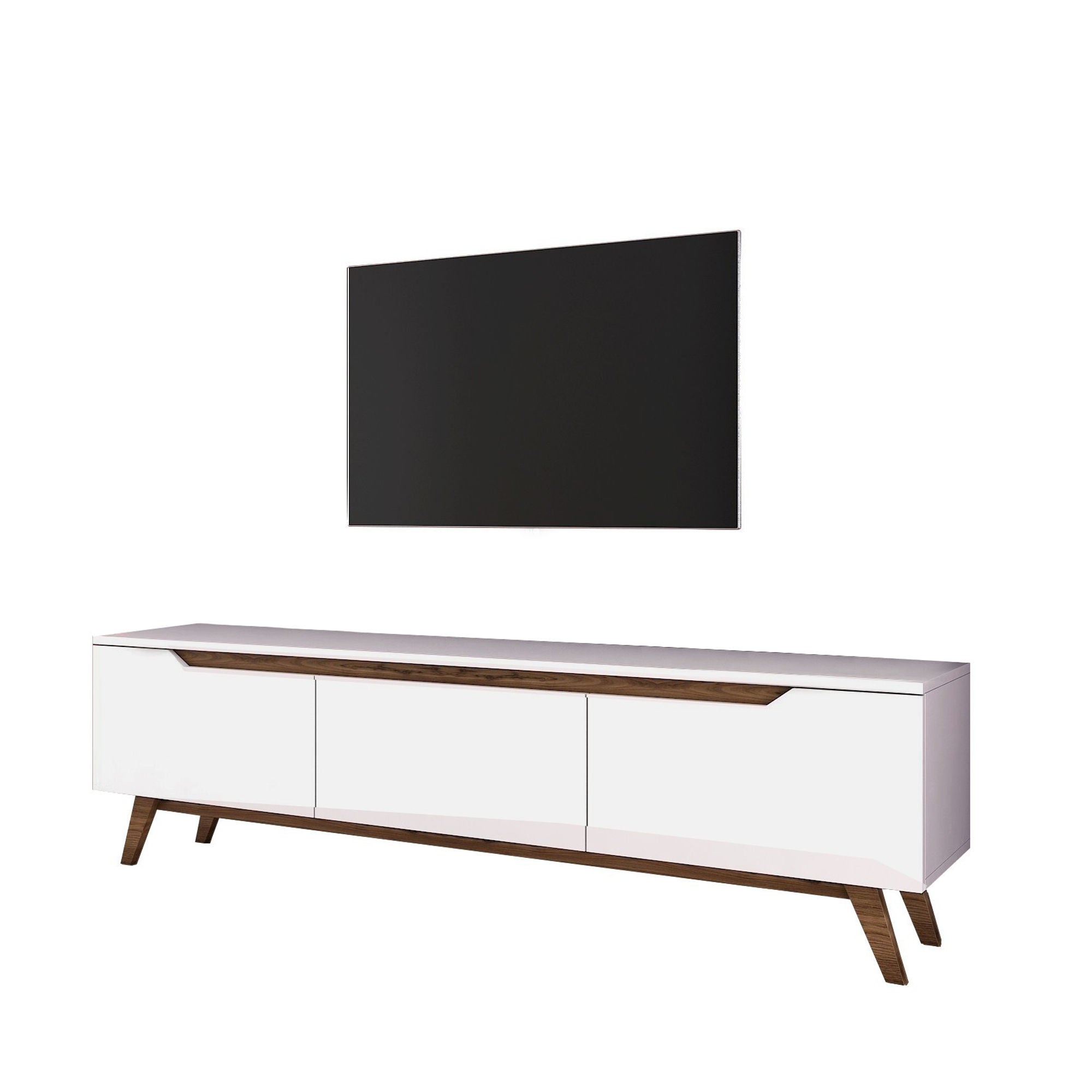 Suporte de TV moderno com prateleiras, branco e nogueira, 180 cm x 48,6 cm x 35 cm | Painel de partículas 100% revestido de melamina, 18 mm de espessura | Solução de armazenamento elegante e funcional