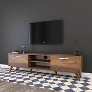 Suporte de TV elegante em nogueira, 180 cm | Painel de partículas 100% revestido em melamina, 18 mm de espessura | Várias prateleiras e armazenamento, pés de plástico, design moderno