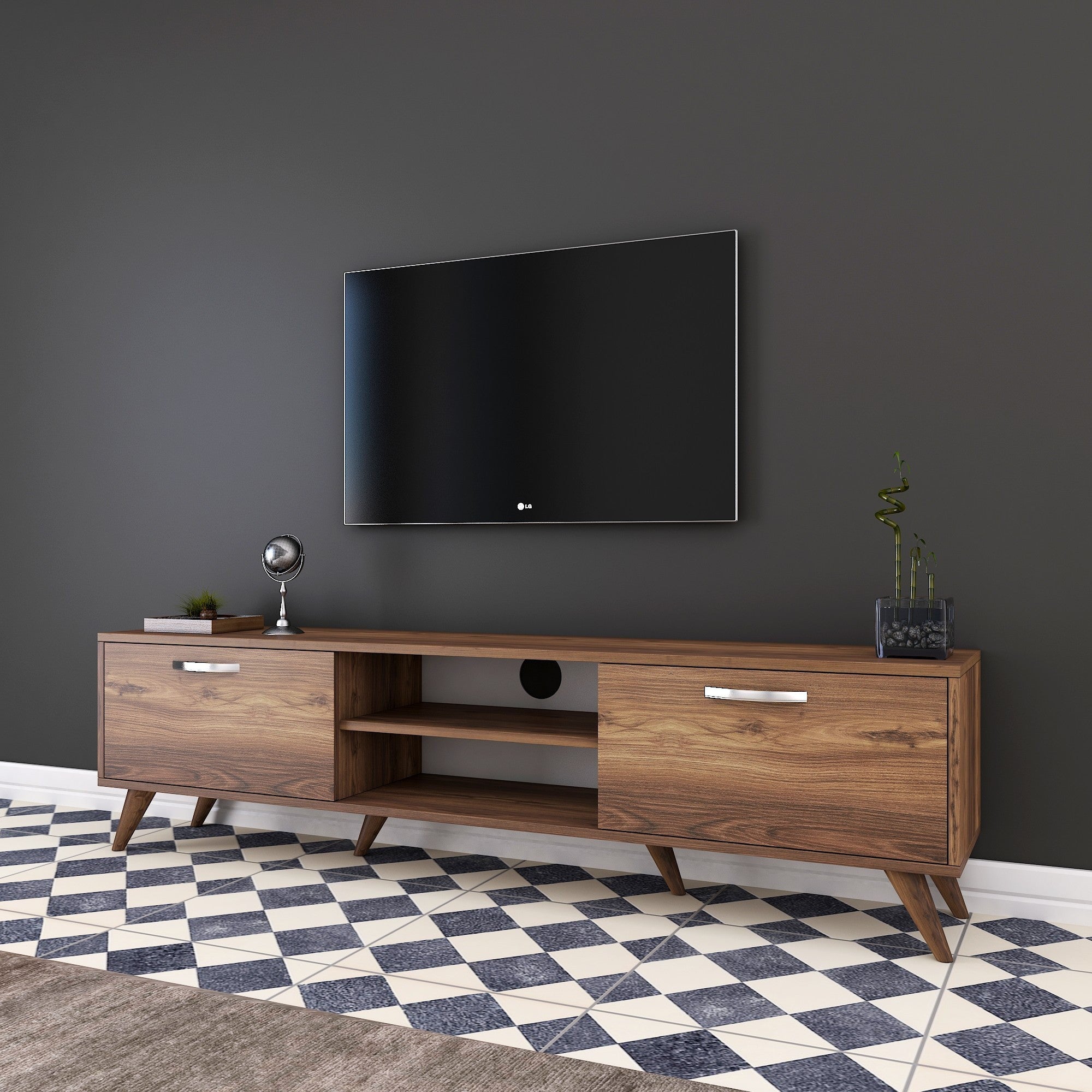 Suporte de TV elegante em nogueira, 180 cm | Painel de partículas 100% revestido em melamina, 18 mm de espessura | Várias prateleiras e armazenamento, pés de plástico, design moderno