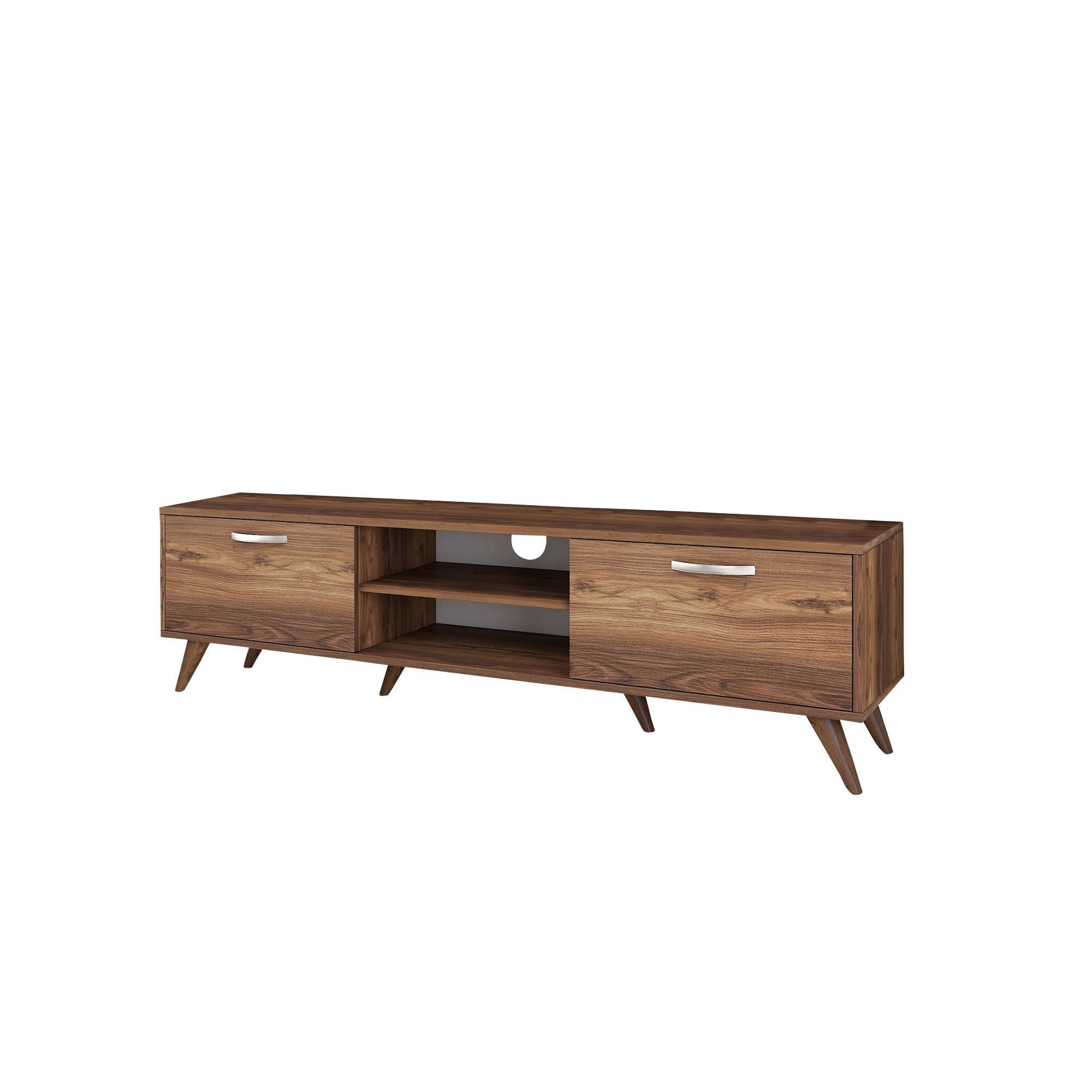 Suporte de TV elegante em nogueira, 180 cm | Painel de partículas 100% revestido em melamina, 18 mm de espessura | Várias prateleiras e armazenamento, pés de plástico, design moderno