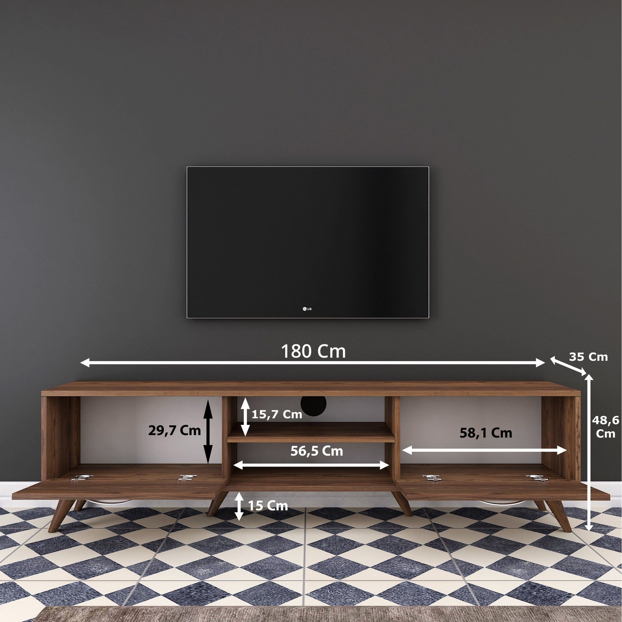 Suporte de TV elegante em nogueira, 180 cm | Painel de partículas 100% revestido em melamina, 18 mm de espessura | Várias prateleiras e armazenamento, pés de plástico, design moderno