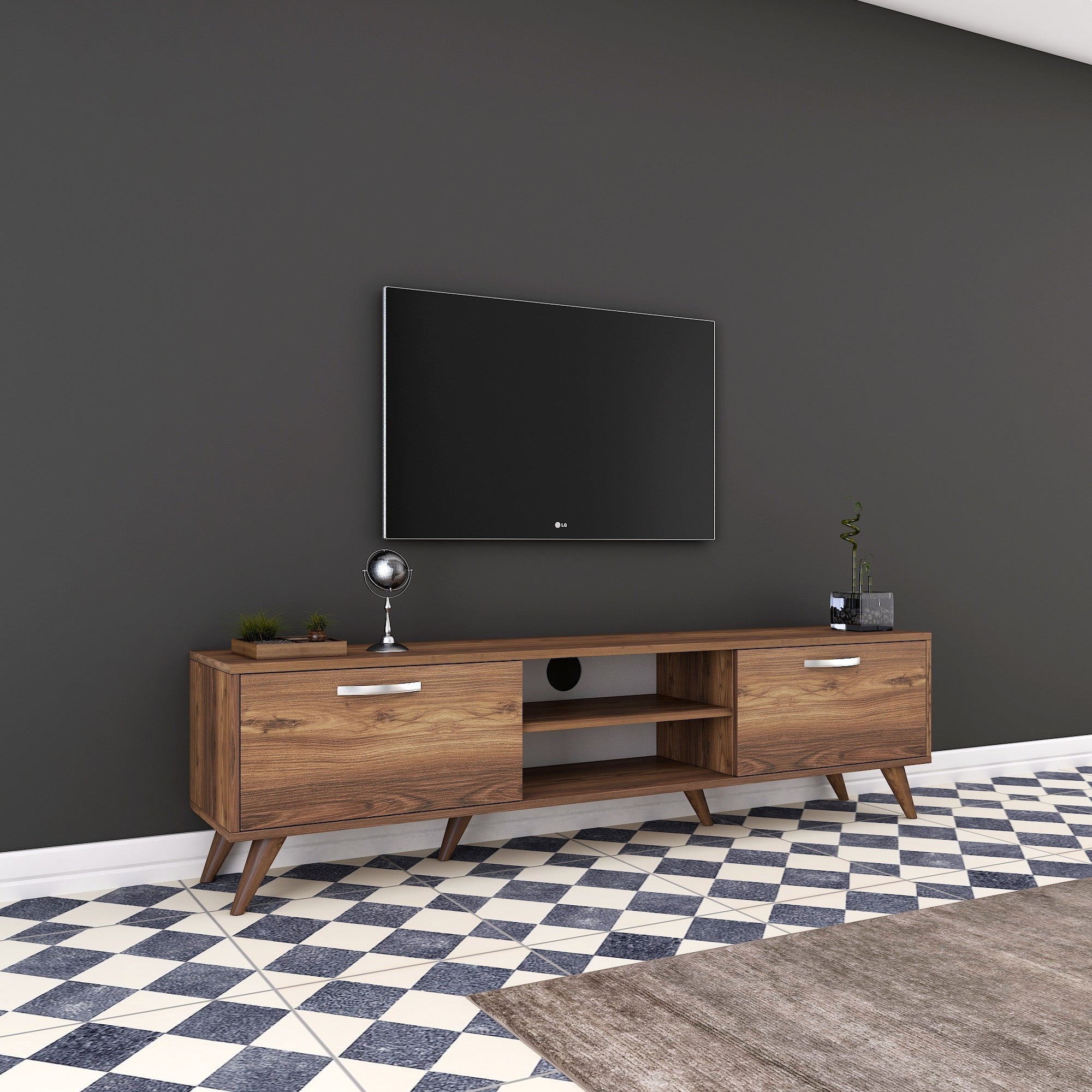 Suporte de TV elegante em nogueira, 180 cm | Painel de partículas 100% revestido em melamina, 18 mm de espessura | Várias prateleiras e armazenamento, pés de plástico, design moderno