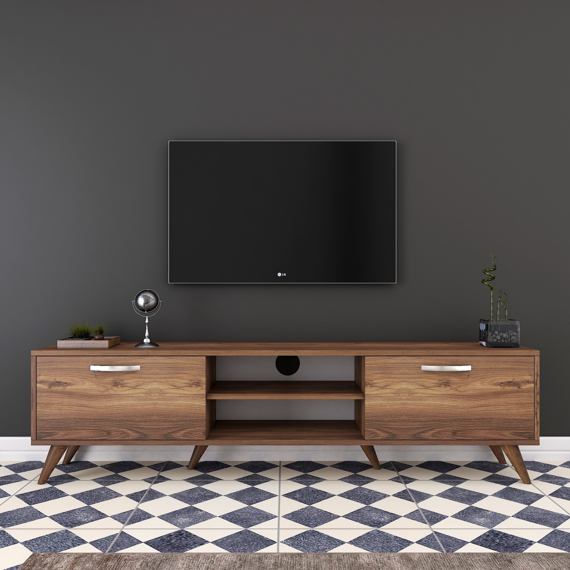 Suporte de TV elegante em nogueira, 180 cm | Painel de partículas 100% revestido em melamina, 18 mm de espessura | Várias prateleiras e armazenamento, pés de plástico, design moderno