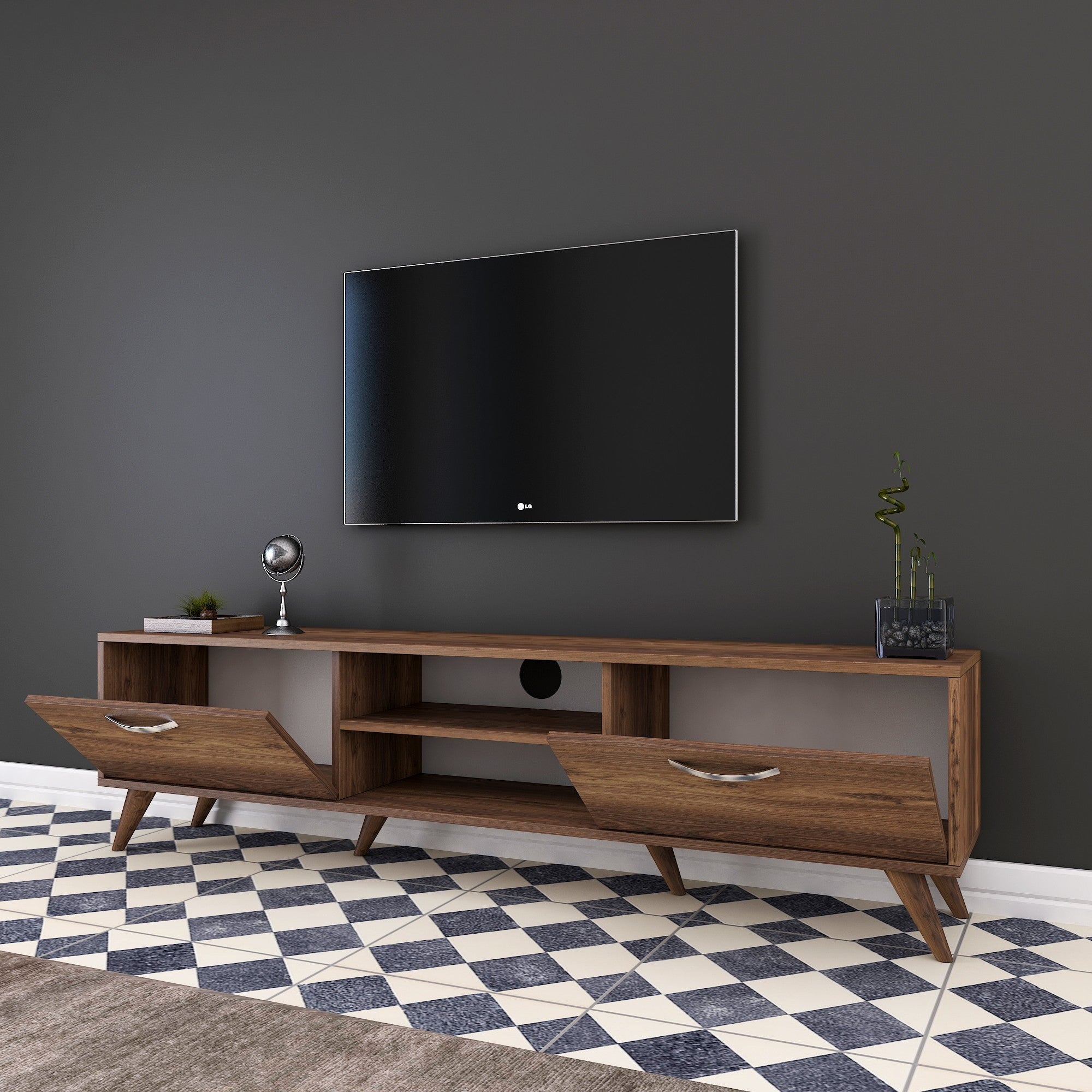 Suporte de TV elegante em nogueira, 180 cm | Painel de partículas 100% revestido em melamina, 18 mm de espessura | Várias prateleiras e armazenamento, pés de plástico, design moderno