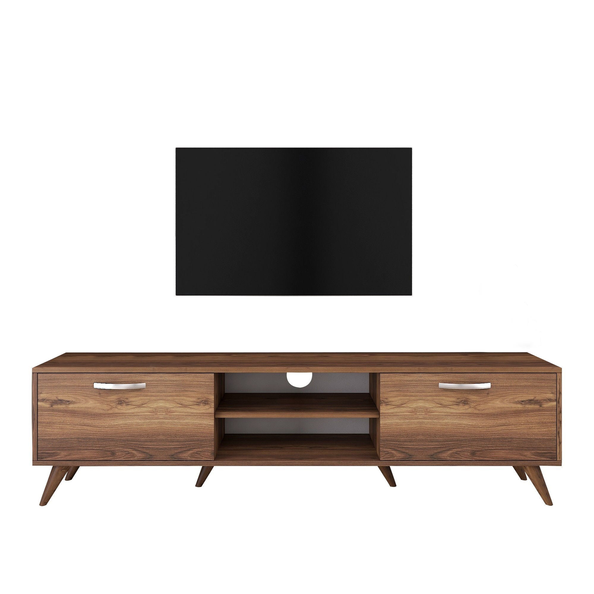Suporte de TV elegante em nogueira, 180 cm | Painel de partículas 100% revestido em melamina, 18 mm de espessura | Várias prateleiras e armazenamento, pés de plástico, design moderno