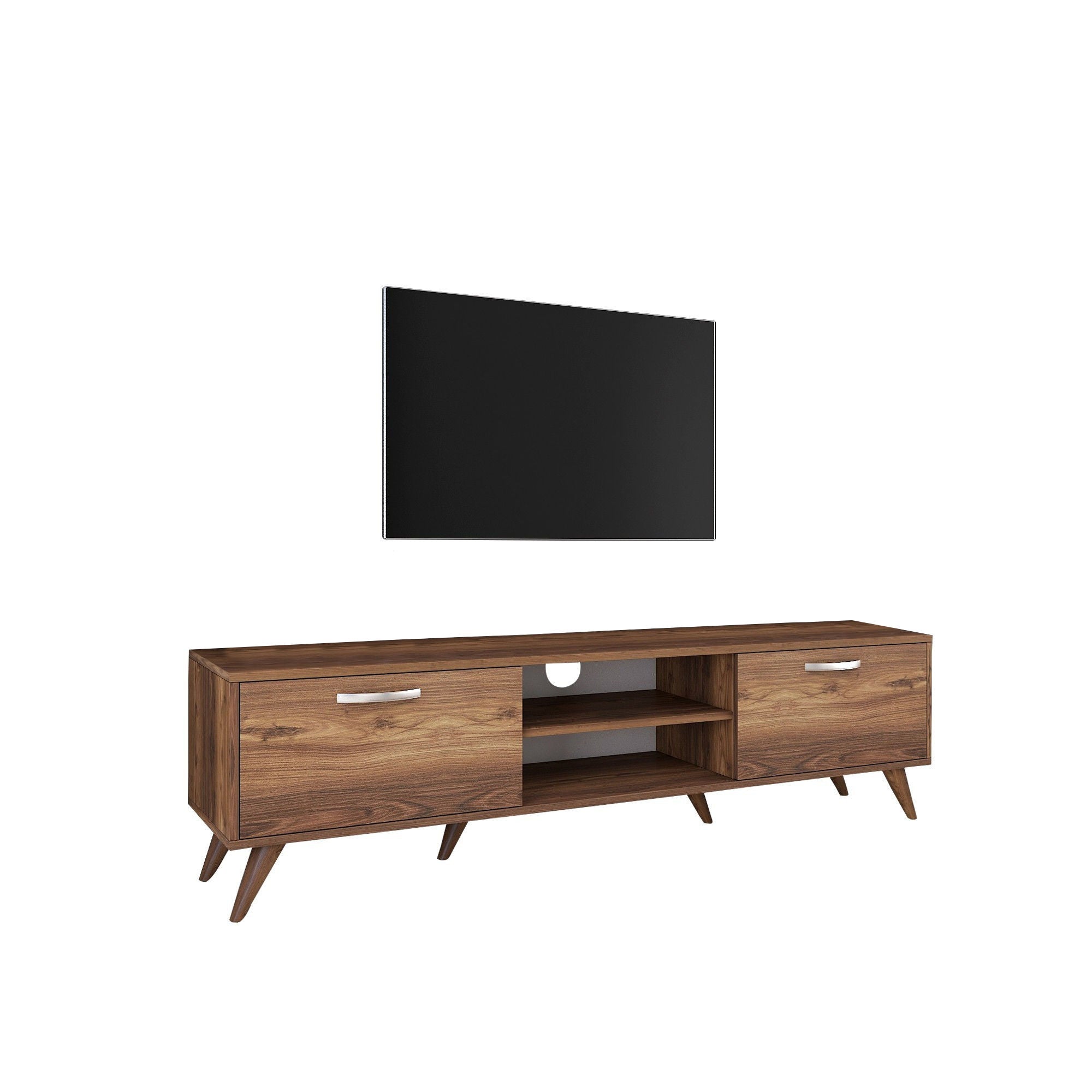 Suporte de TV elegante em nogueira, 180 cm | Painel de partículas 100% revestido em melamina, 18 mm de espessura | Várias prateleiras e armazenamento, pés de plástico, design moderno
