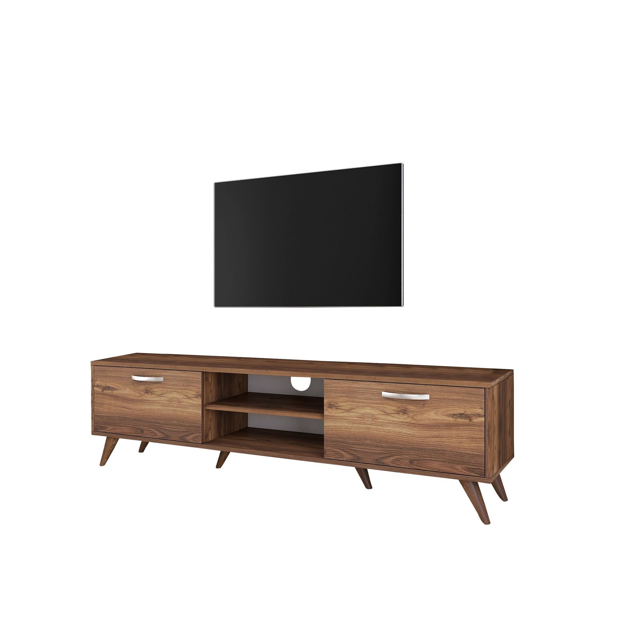 Suporte de TV elegante em nogueira, 180 cm | Painel de partículas 100% revestido em melamina, 18 mm de espessura | Várias prateleiras e armazenamento, pés de plástico, design moderno