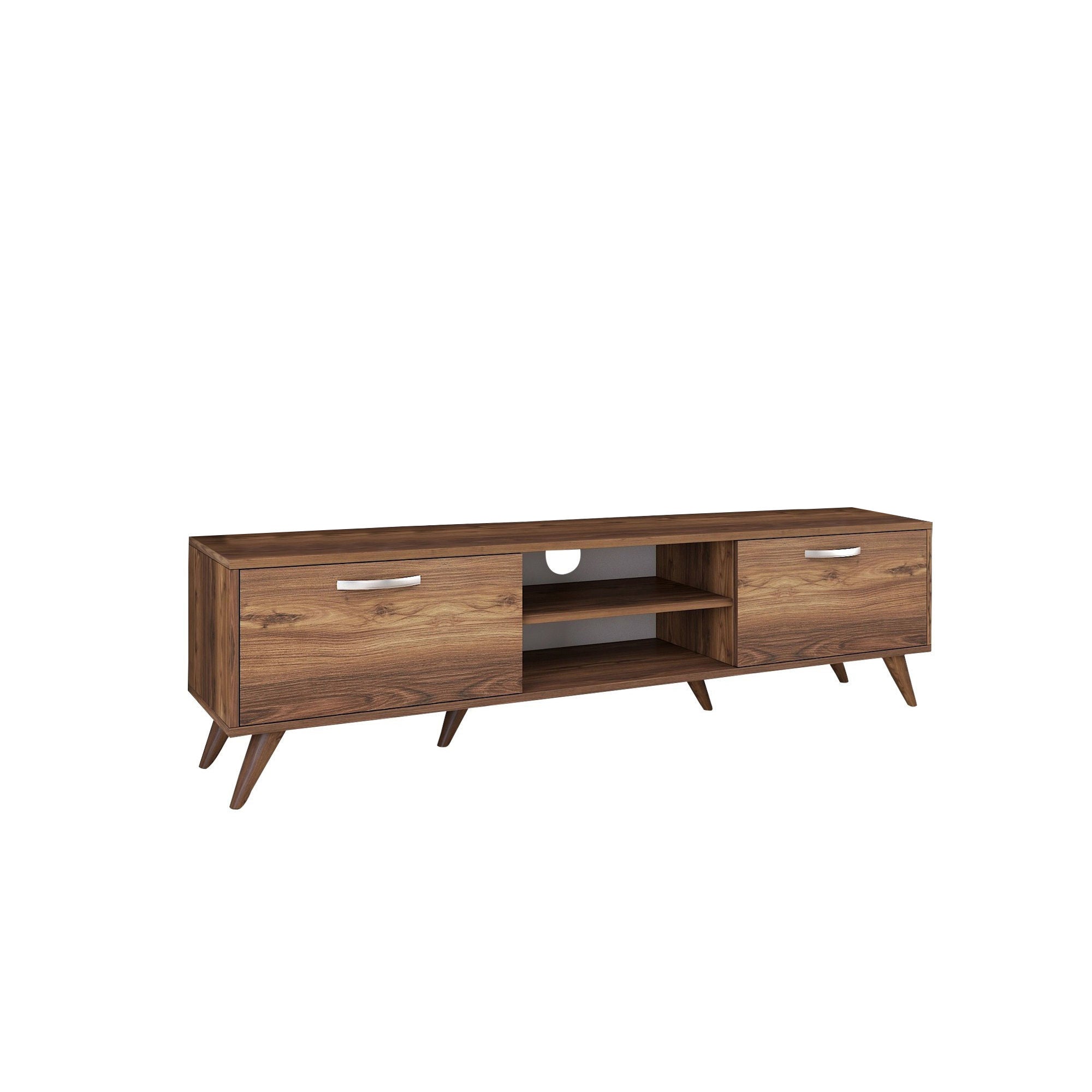 Suporte de TV elegante em nogueira, 180 cm | Painel de partículas 100% revestido em melamina, 18 mm de espessura | Várias prateleiras e armazenamento, pés de plástico, design moderno