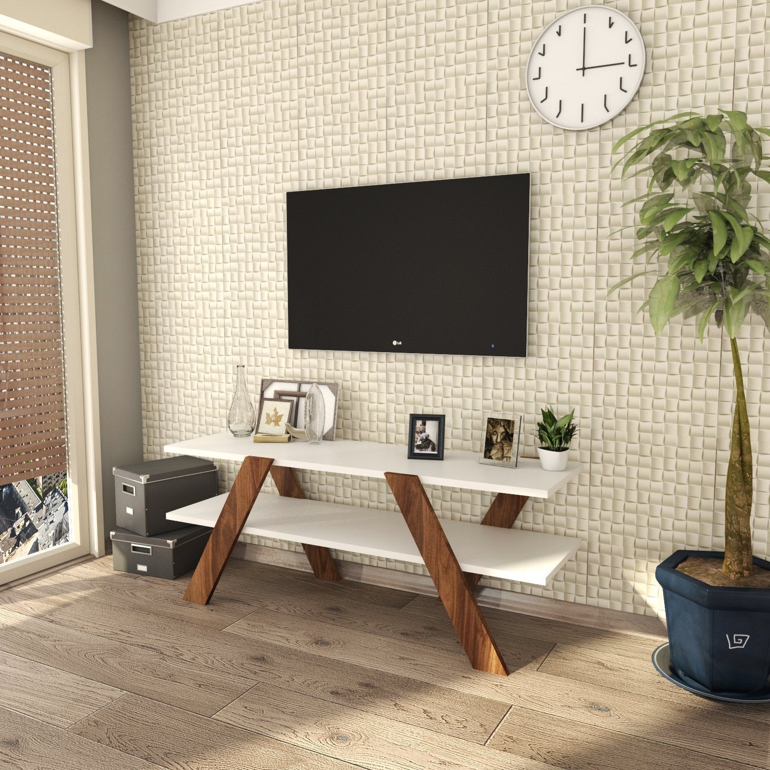 Suporte de TV moderno, branco e nogueira, 120 cm x 45 cm x 33,1 cm | Painel de partículas 100% revestido de melamina, 18 mm de espessura | Montável na parede, design elegante e funcional