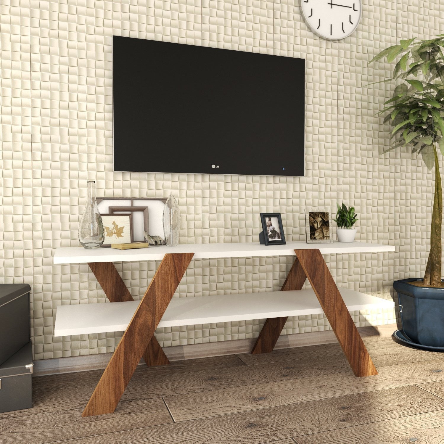 Suporte de TV moderno, branco e nogueira, 120 cm x 45 cm x 33,1 cm | Painel de partículas 100% revestido de melamina, 18 mm de espessura | Montável na parede, design elegante e funcional