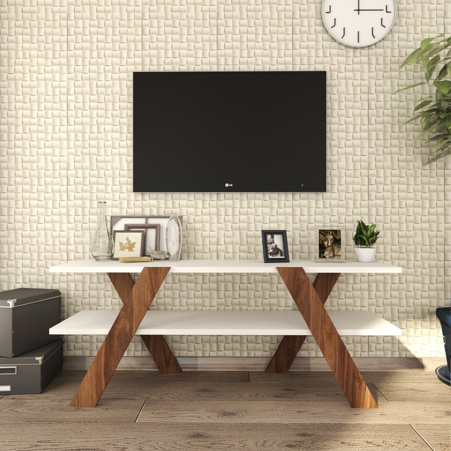 Suporte de TV moderno, branco e nogueira, 120 cm x 45 cm x 33,1 cm | Painel de partículas 100% revestido de melamina, 18 mm de espessura | Montável na parede, design elegante e funcional