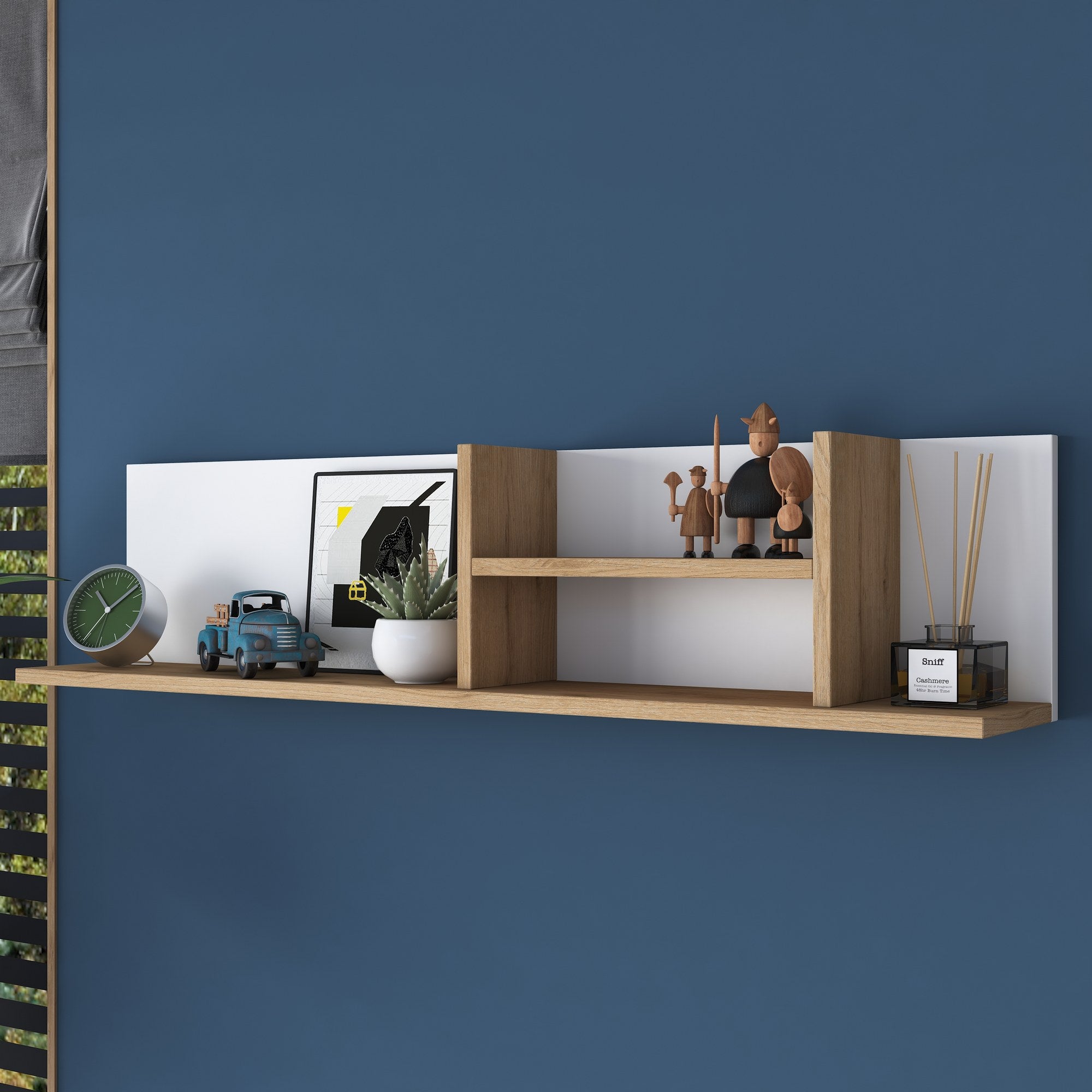 Prateleira de parede elegante, 120 cm x 25 cm x 19,8 cm, branca e nogueira | Painel de partículas 100% revestido de melamina, 18 mm de espessura | Perfeito para decoração e armazenamento de casa moderna