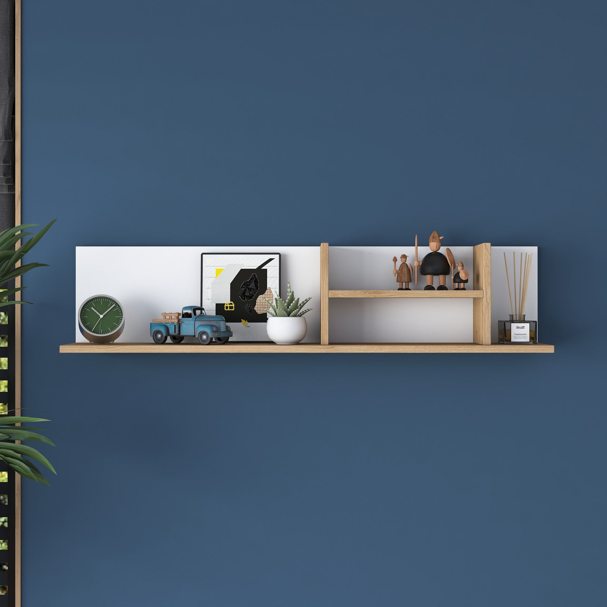 Prateleira de parede elegante, 120 cm x 25 cm x 19,8 cm, branca e nogueira | Painel de partículas 100% revestido de melamina, 18 mm de espessura | Perfeito para decoração e armazenamento de casa moderna