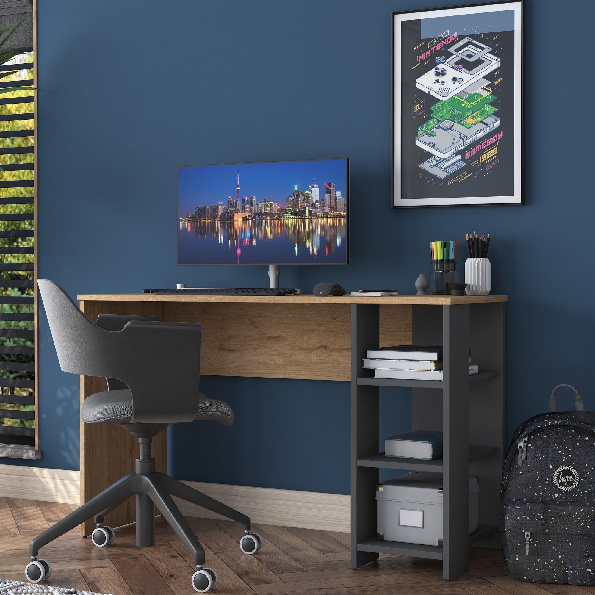 Secretária de Estudo – 120 x 73,8 x 45 cm – Nogueira e Antracite – Painel de Partículas com Revestimento em Melamina