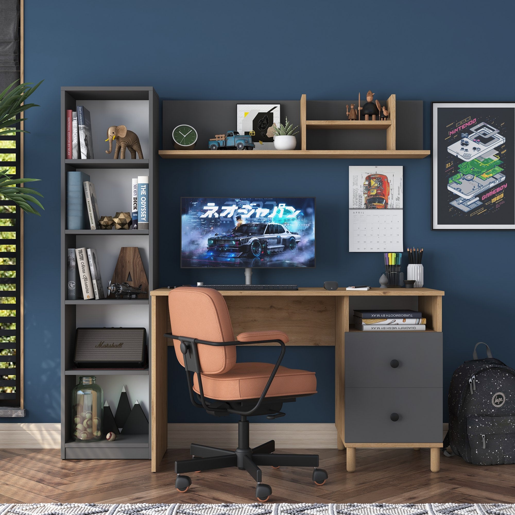 Secretária de Estudo – 120 x 50 x 161,8 cm – Nogueira e Antracite – Painel de Partículas revestido a Melamina