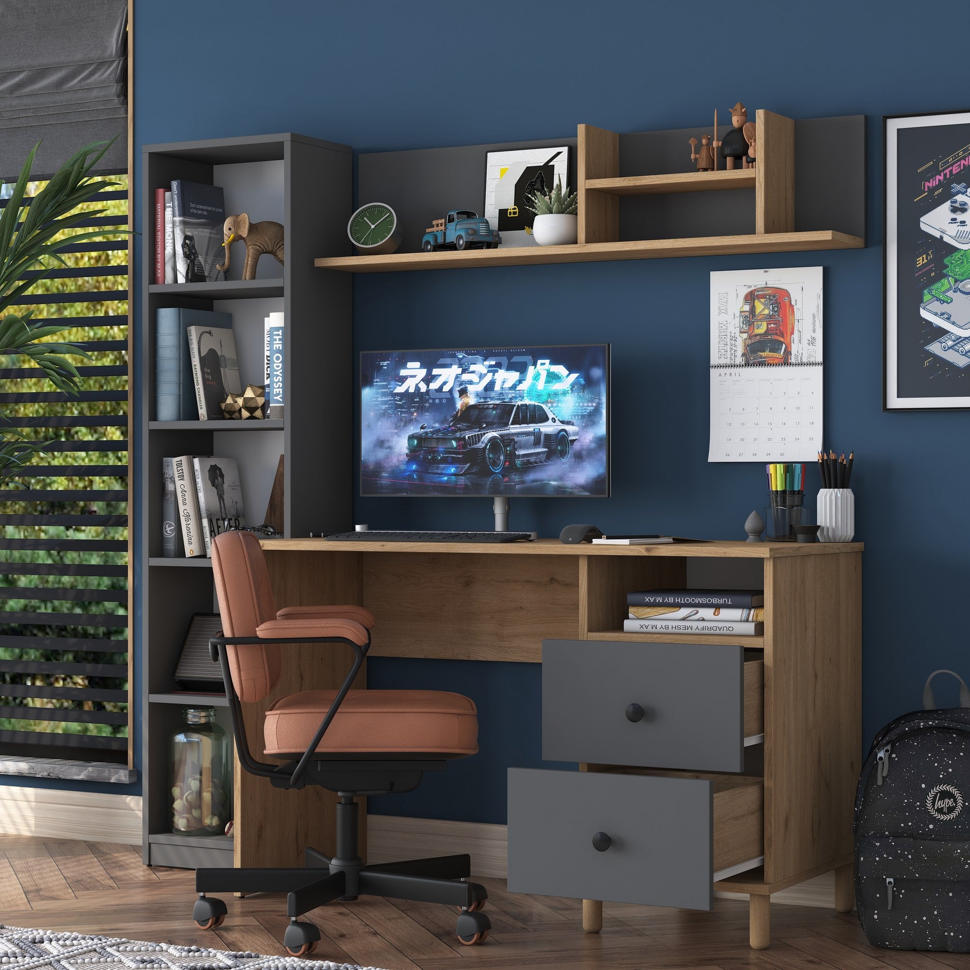 Secretária de Estudo – 120 x 50 x 161,8 cm – Nogueira e Antracite – Painel de Partículas revestido a Melamina