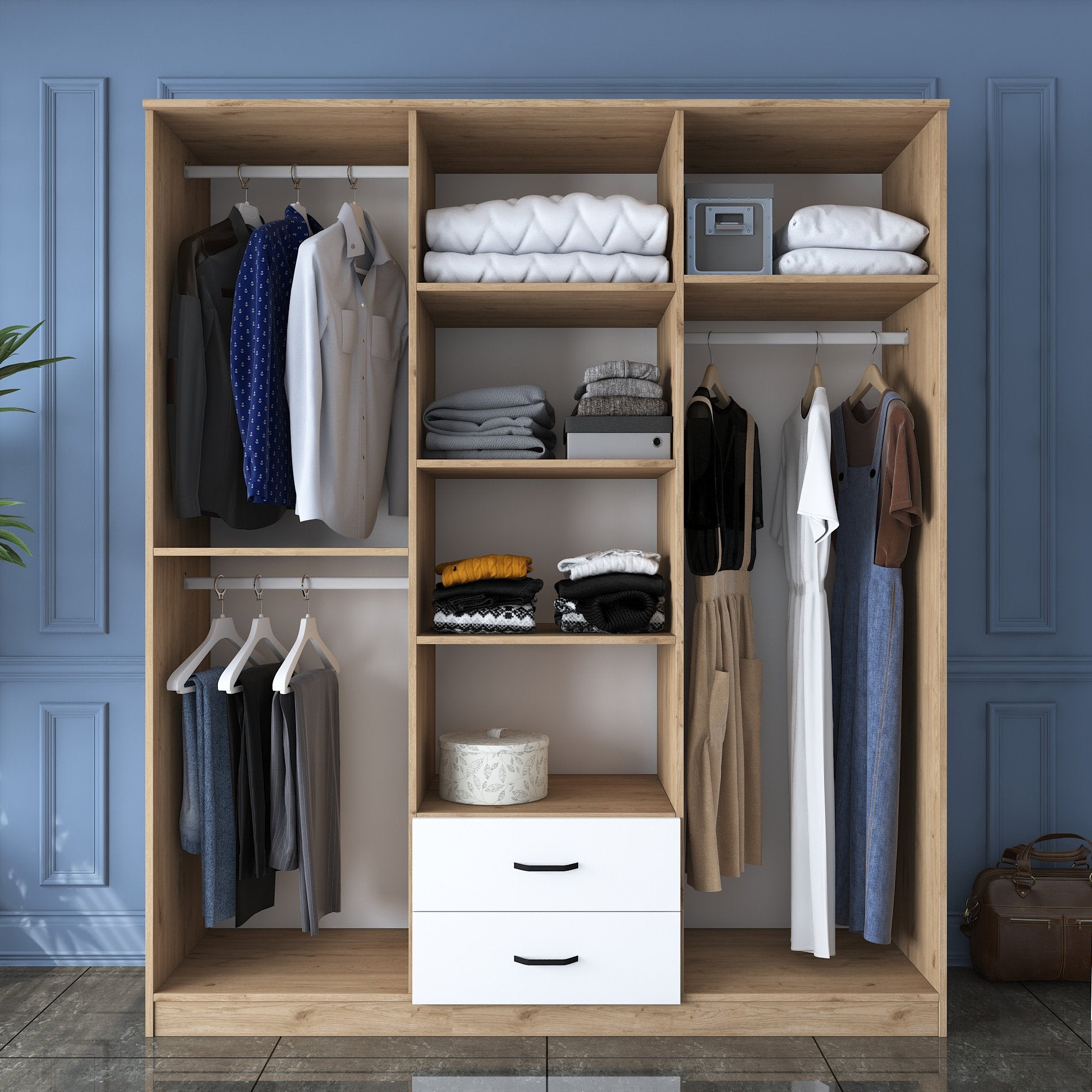 Guarda-roupa elegante – 180 cm x 210 cm x 51,5 cm – Nogueira e Branco – Painel de partículas revestido a melamina