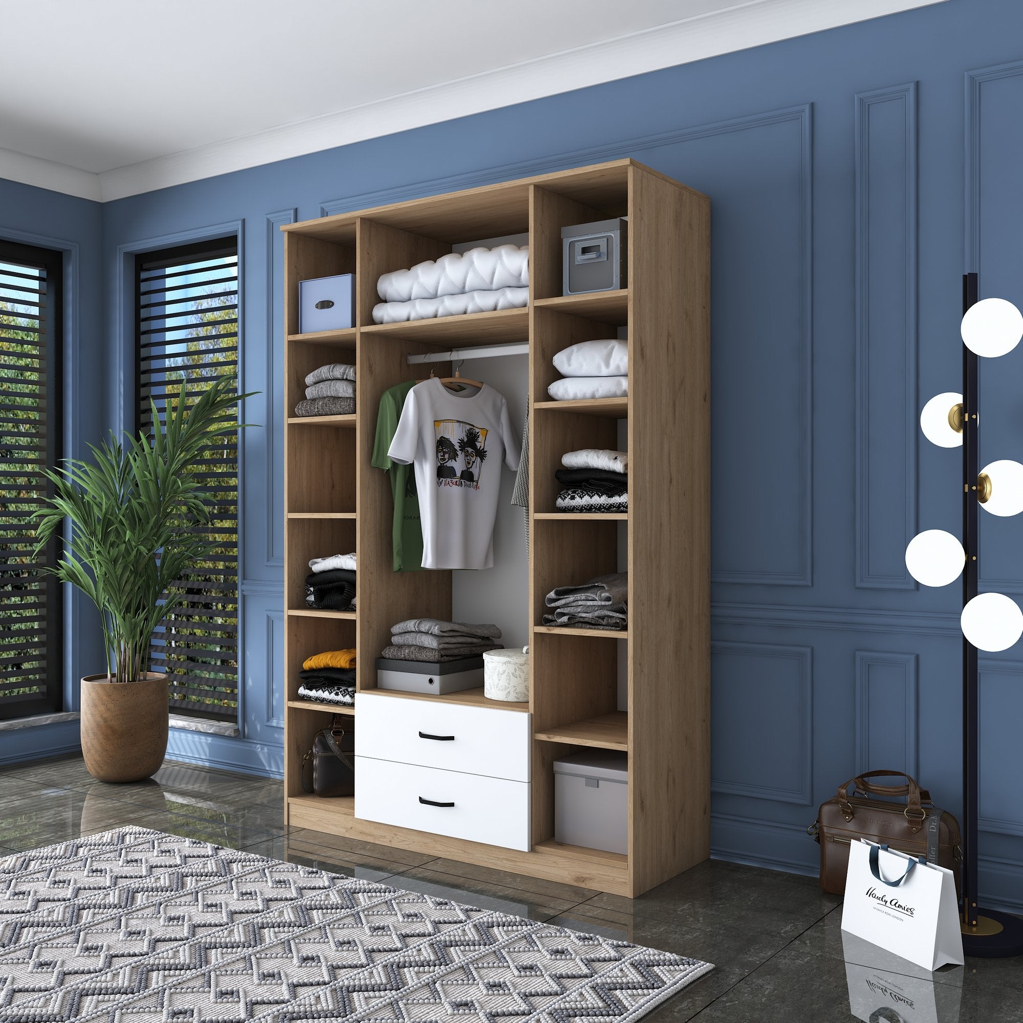 Guarda-roupa elegante – 140 x 210 x 51,5 cm – Nogueira e Branco – Painel de partículas revestido de melamina