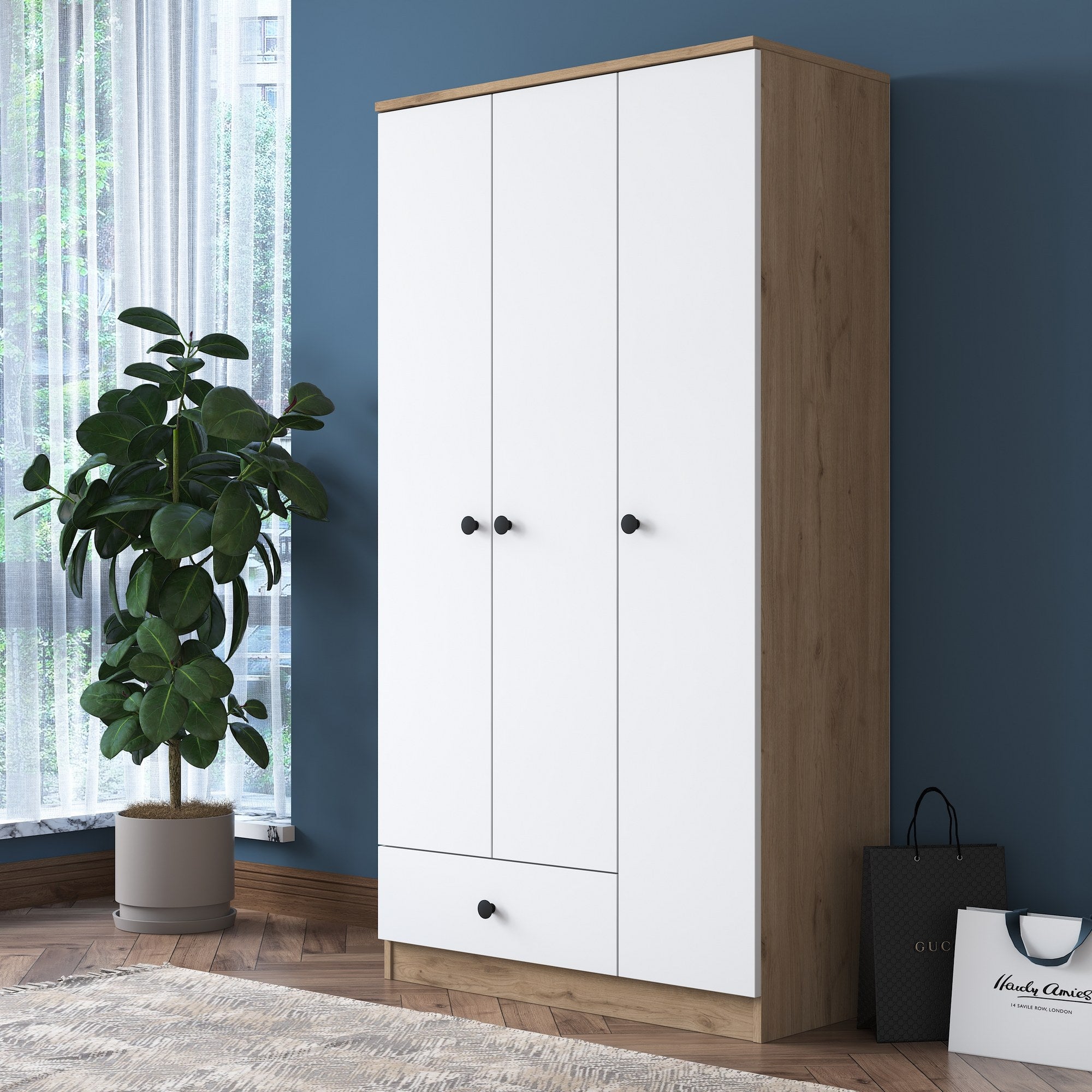 Guarda-roupa escandinavo – 90 x 170 x 42,5 cm – Nogueira e Branco – Painel de partículas revestido a melamina