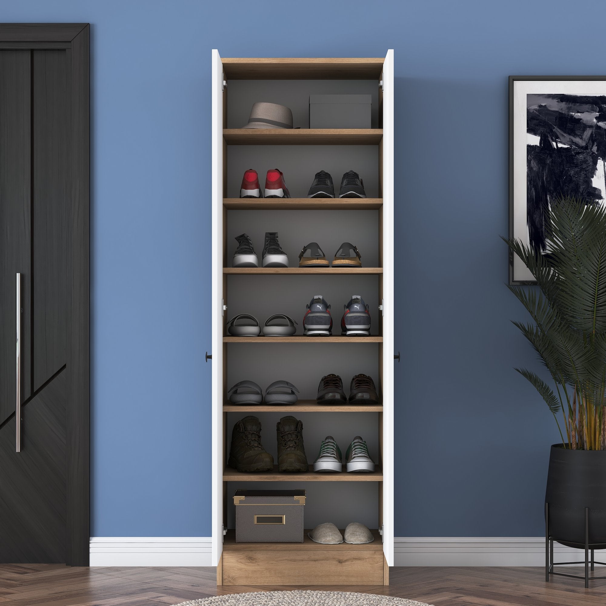 Guarda-roupa escandinavo – 59,8 x 182,8 x 37,5 cm – nogueira e branco – painel de partículas revestido a melamina