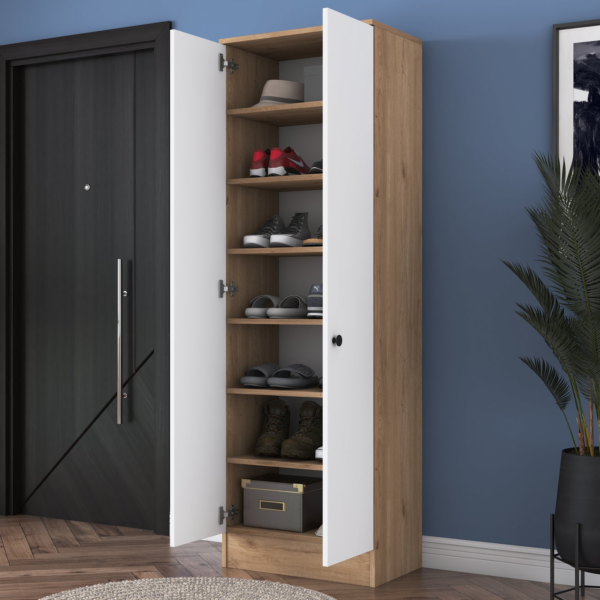 Guarda-roupa escandinavo – 59,8 x 182,8 x 37,5 cm – nogueira e branco – painel de partículas revestido a melamina