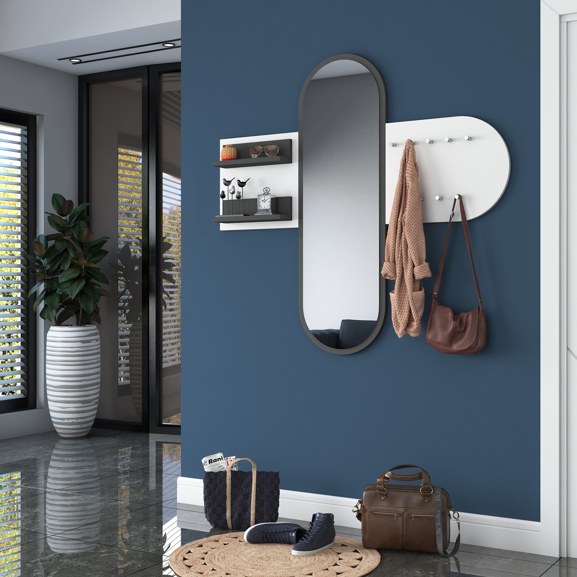 Elegante Suporte de Hall, Branco, 125 x 120 x 12 cm | 100% Aglomerado E1 Revestido com Melamina, 18 mm de Espessura | Montável na Parede com Várias Prateleiras e Cabides