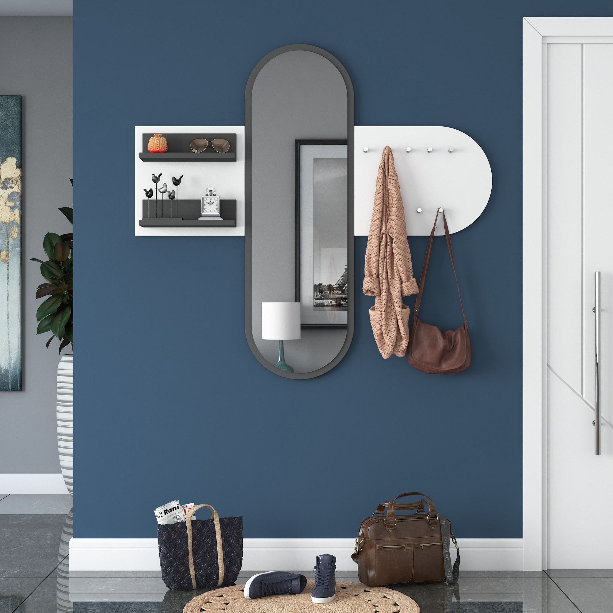 Elegante Suporte de Hall, Branco, 125 x 120 x 12 cm | 100% Aglomerado E1 Revestido com Melamina, 18 mm de Espessura | Montável na Parede com Várias Prateleiras e Cabides