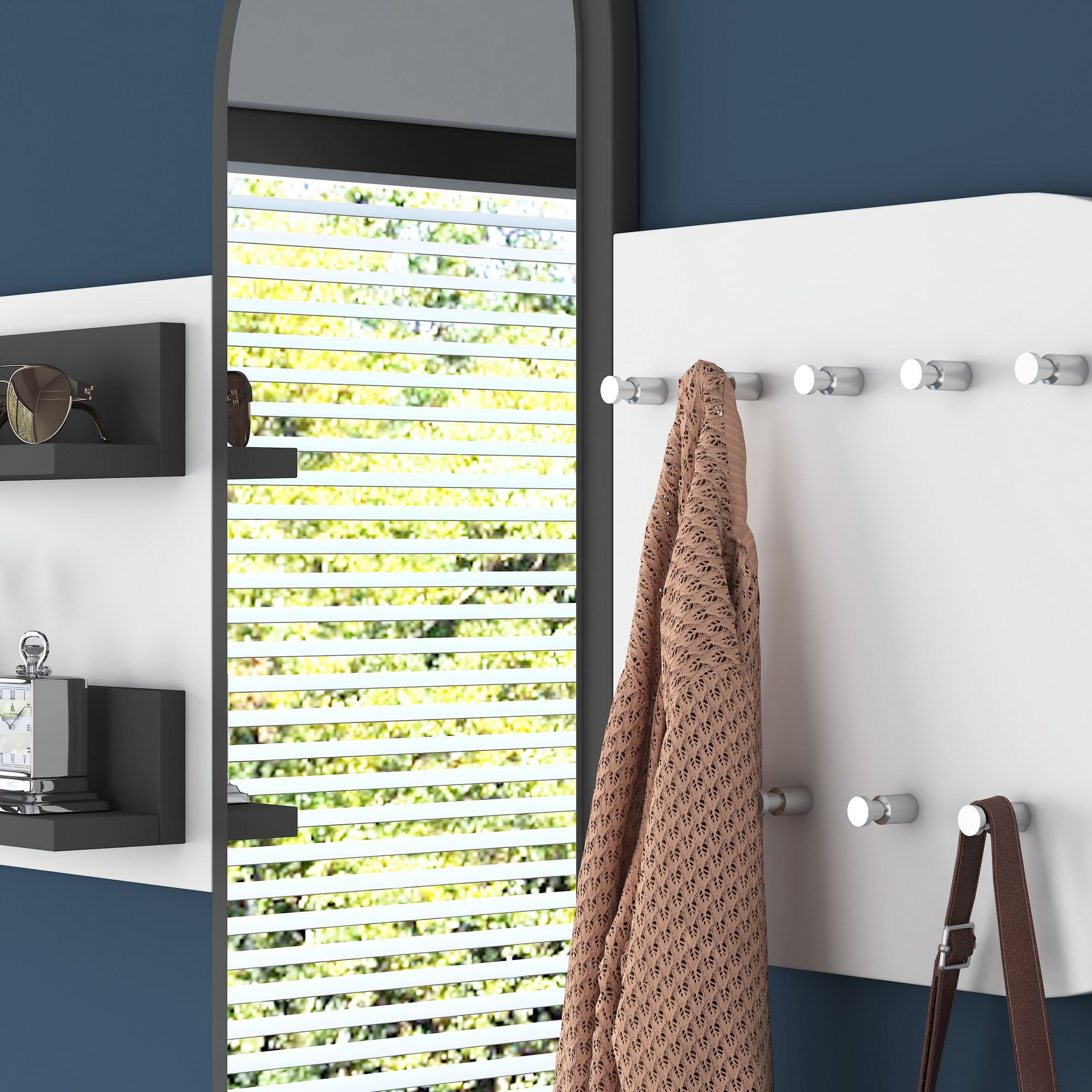 Elegante Suporte de Hall, Branco, 125 x 120 x 12 cm | 100% Aglomerado E1 Revestido com Melamina, 18 mm de Espessura | Montável na Parede com Várias Prateleiras e Cabides