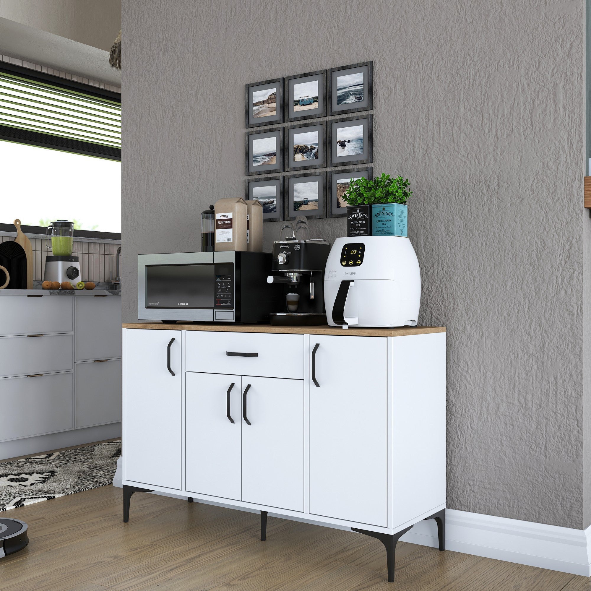 Armário multifuncional versátil – 120 x 78,6 x 40 cm – Branco e nogueira – Aglomerado E1 revestido em melamina