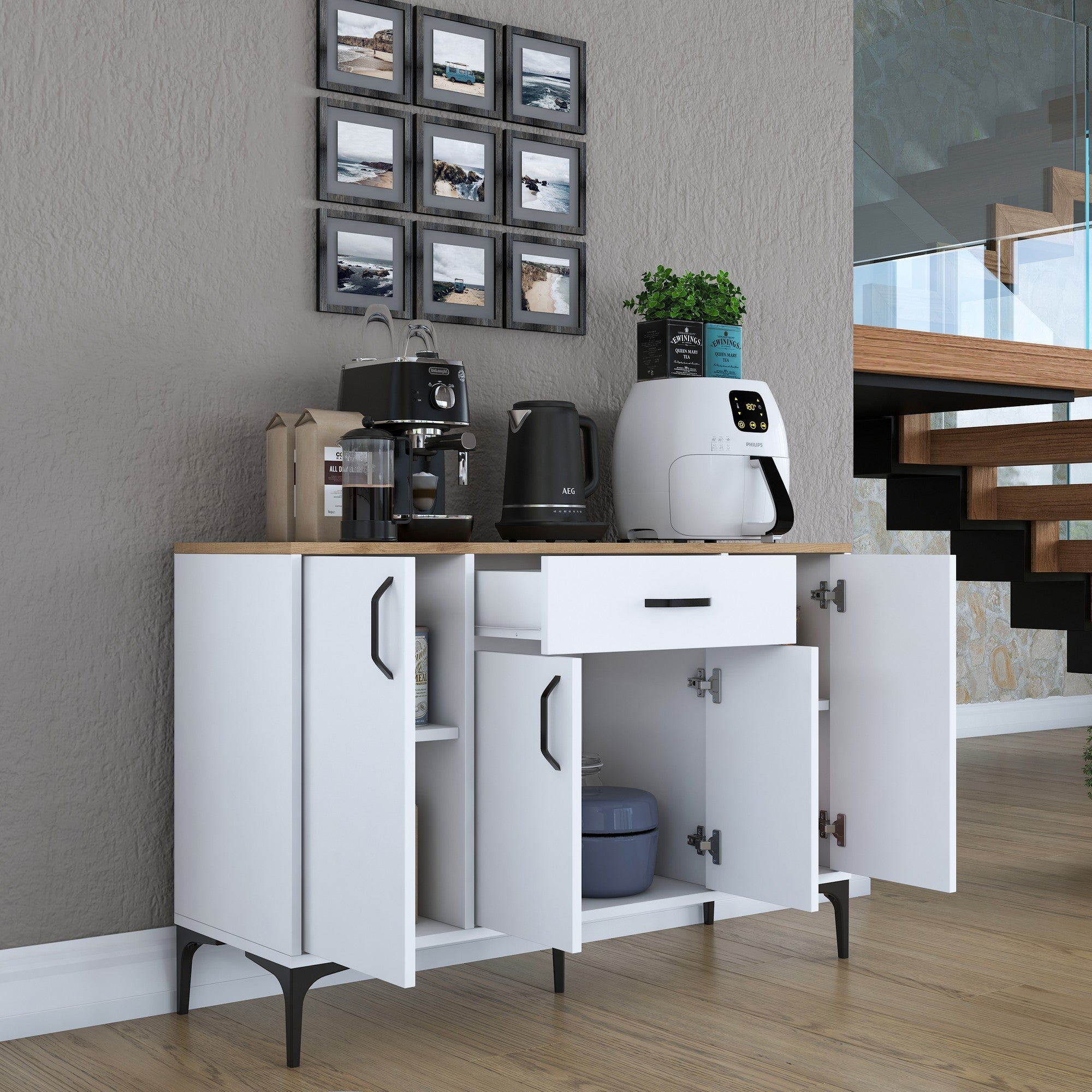 Armário multifuncional versátil – 120 x 78,6 x 40 cm – Branco e nogueira – Aglomerado E1 revestido em melamina