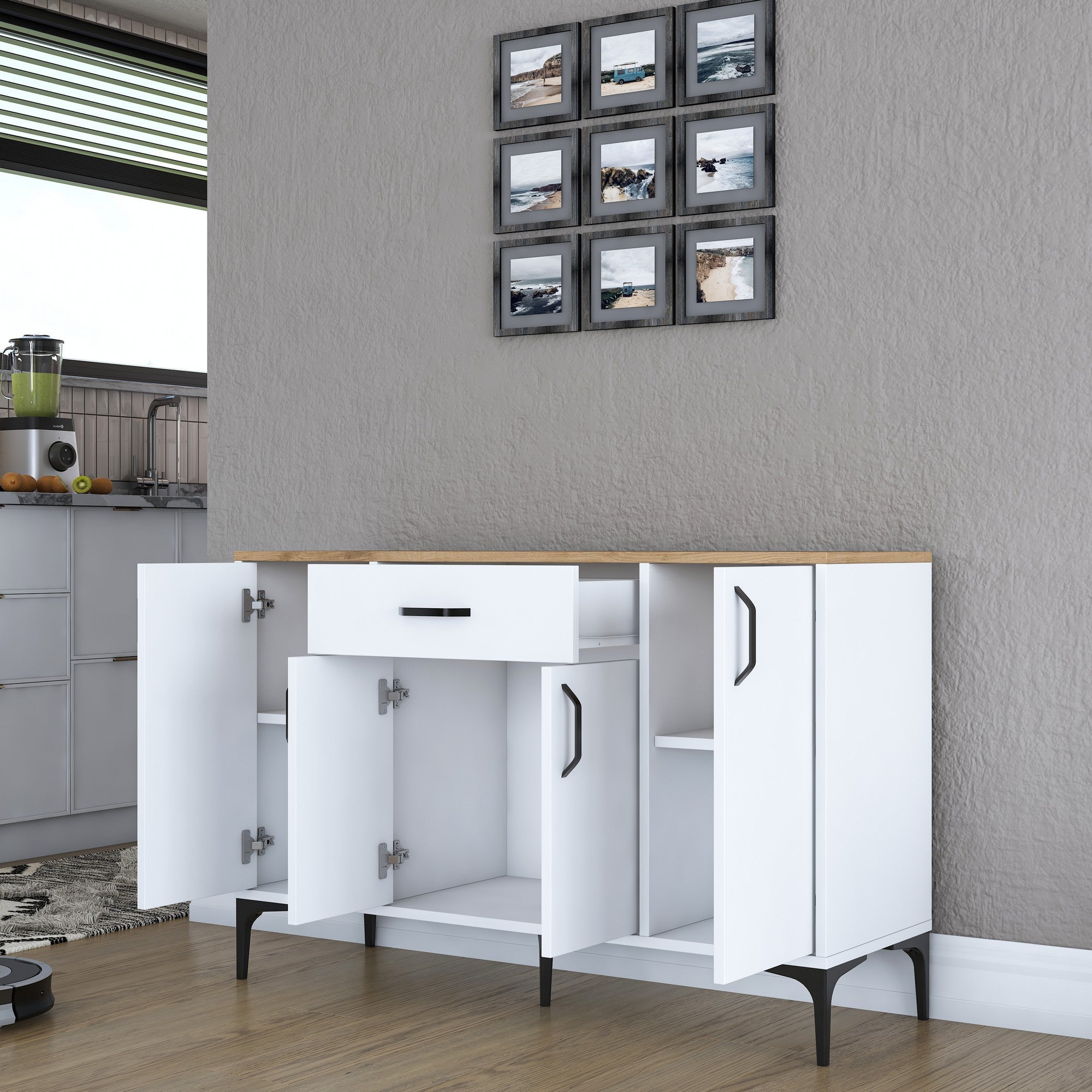 Armário multifuncional versátil – 120 x 78,6 x 40 cm – Branco e nogueira – Aglomerado E1 revestido em melamina