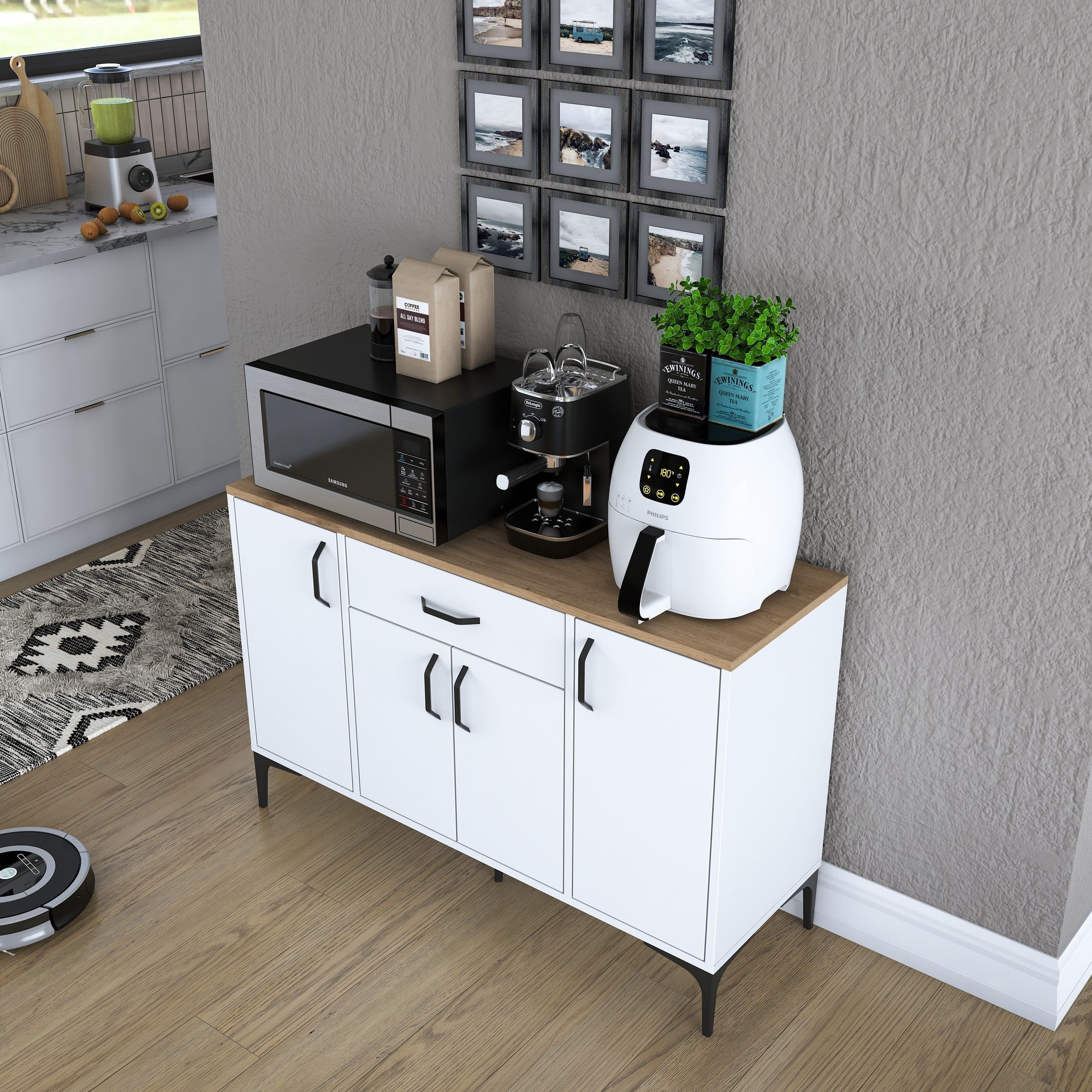 Armário multifuncional versátil – 120 x 78,6 x 40 cm – Branco e nogueira – Aglomerado E1 revestido em melamina