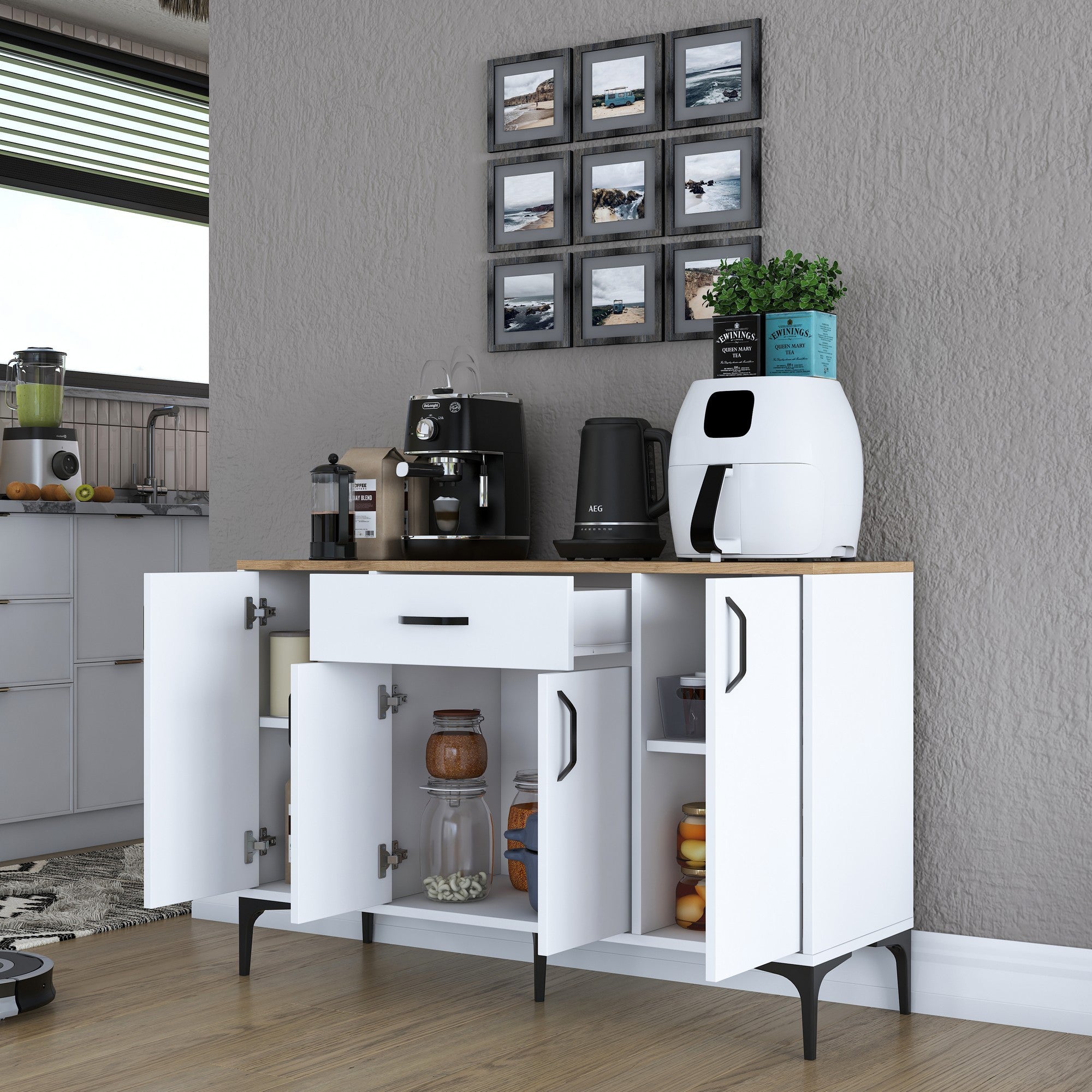 Armário multifuncional versátil – 120 x 78,6 x 40 cm – Branco e nogueira – Aglomerado E1 revestido em melamina