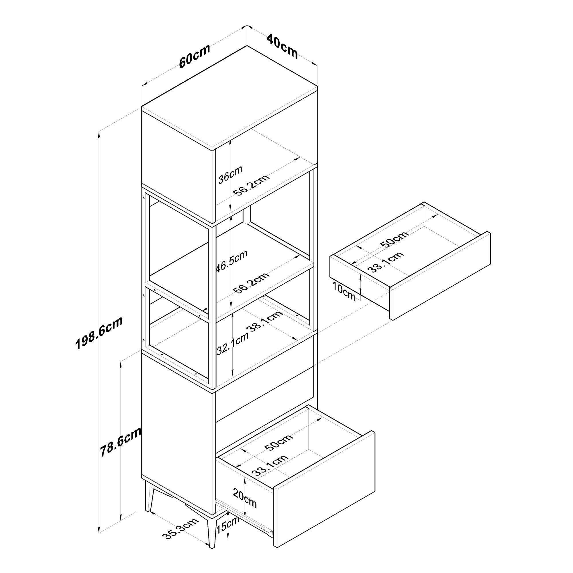 Armário multiuso – 60 x 198,6 x 40 cm – branco – 100% aglomerado de qualidade E1 revestido de melamina