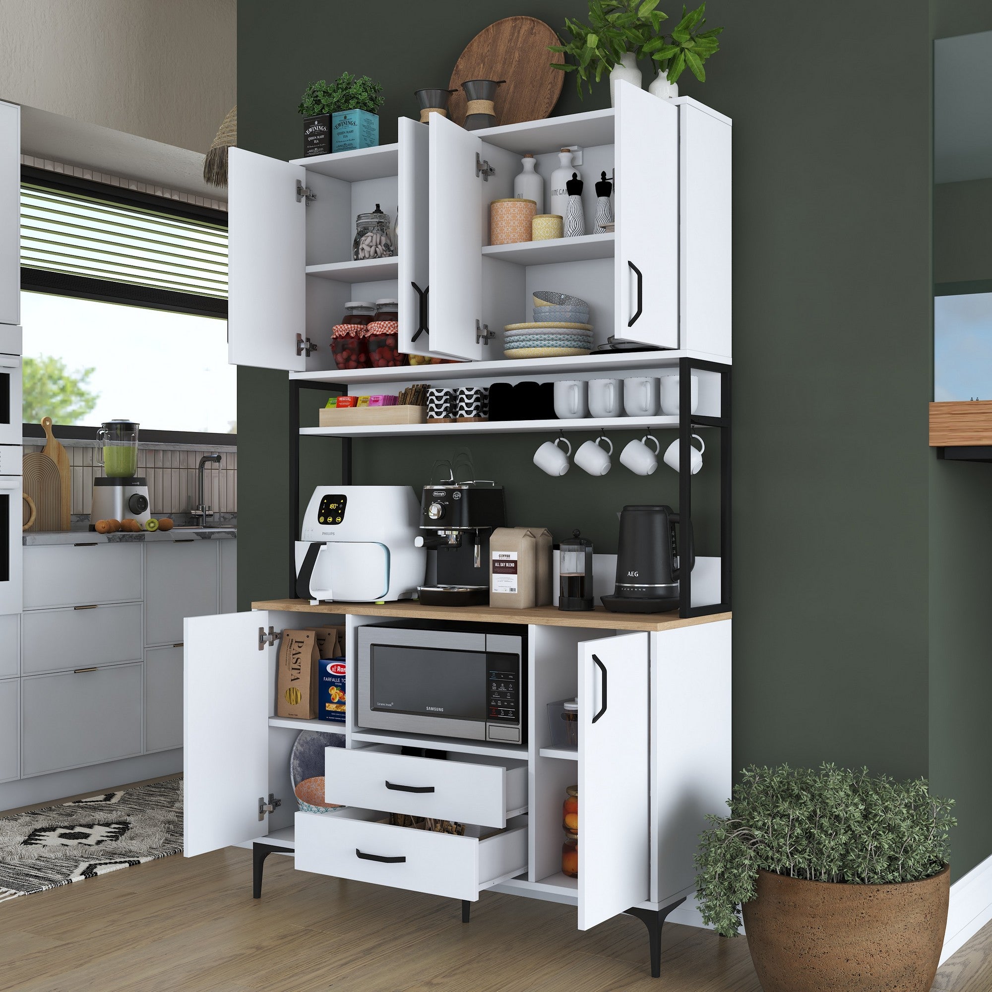 Armário multiuso – 120 x 198,6 x 38 cm – Branco e nogueira – Aglomerado E1 100% revestido em melamina