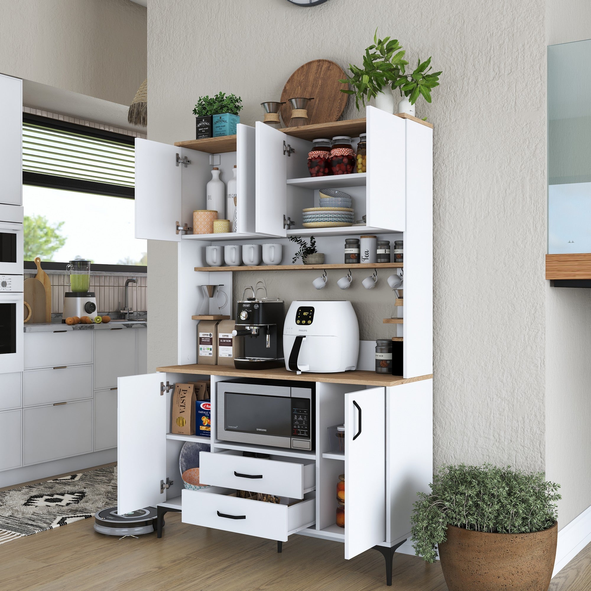 Armário multifuncional – 120 x 40 x 184,2 cm – Branco e Nogal – Aglomerado