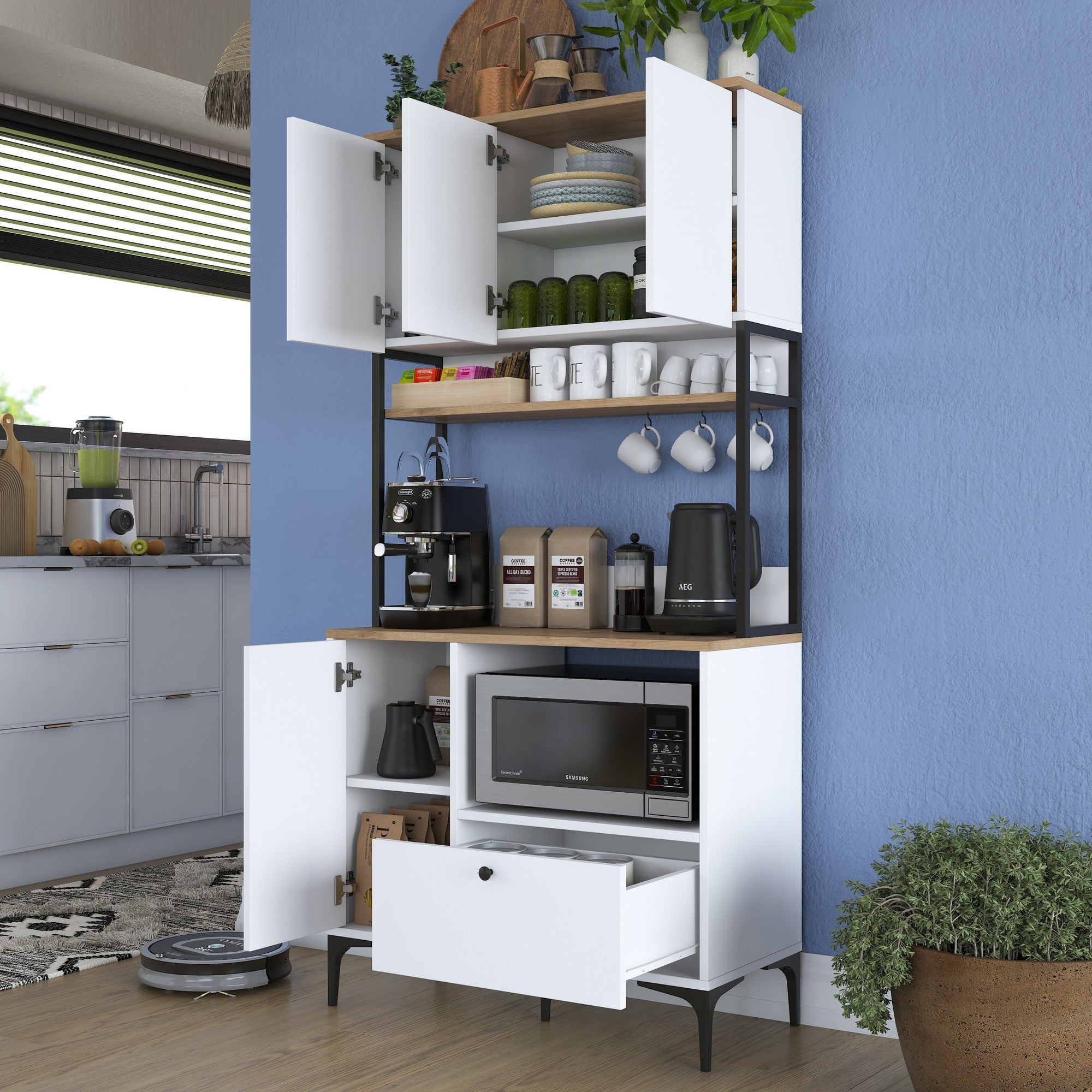 Armário multiuso – 90 x 38 x 184,2 cm – Branco e Nogueira – Aglomerado E1