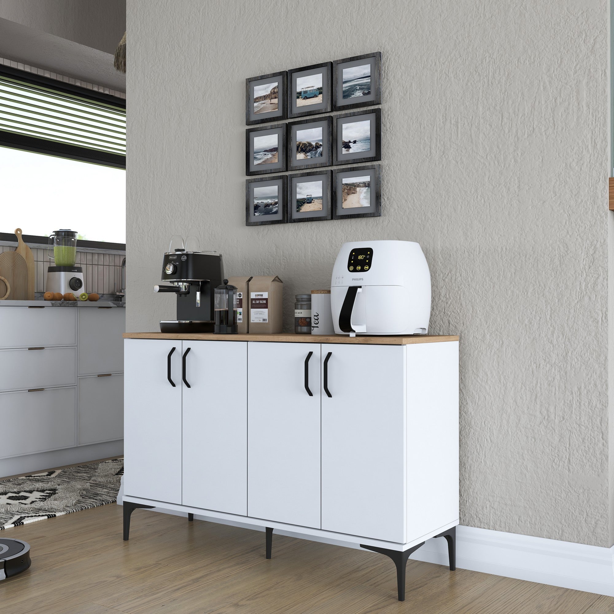 Armário multifuncional – 120 x 78,6 x 40 cm – Branco e nogueira – Aglomerado E1 revestido em melamina